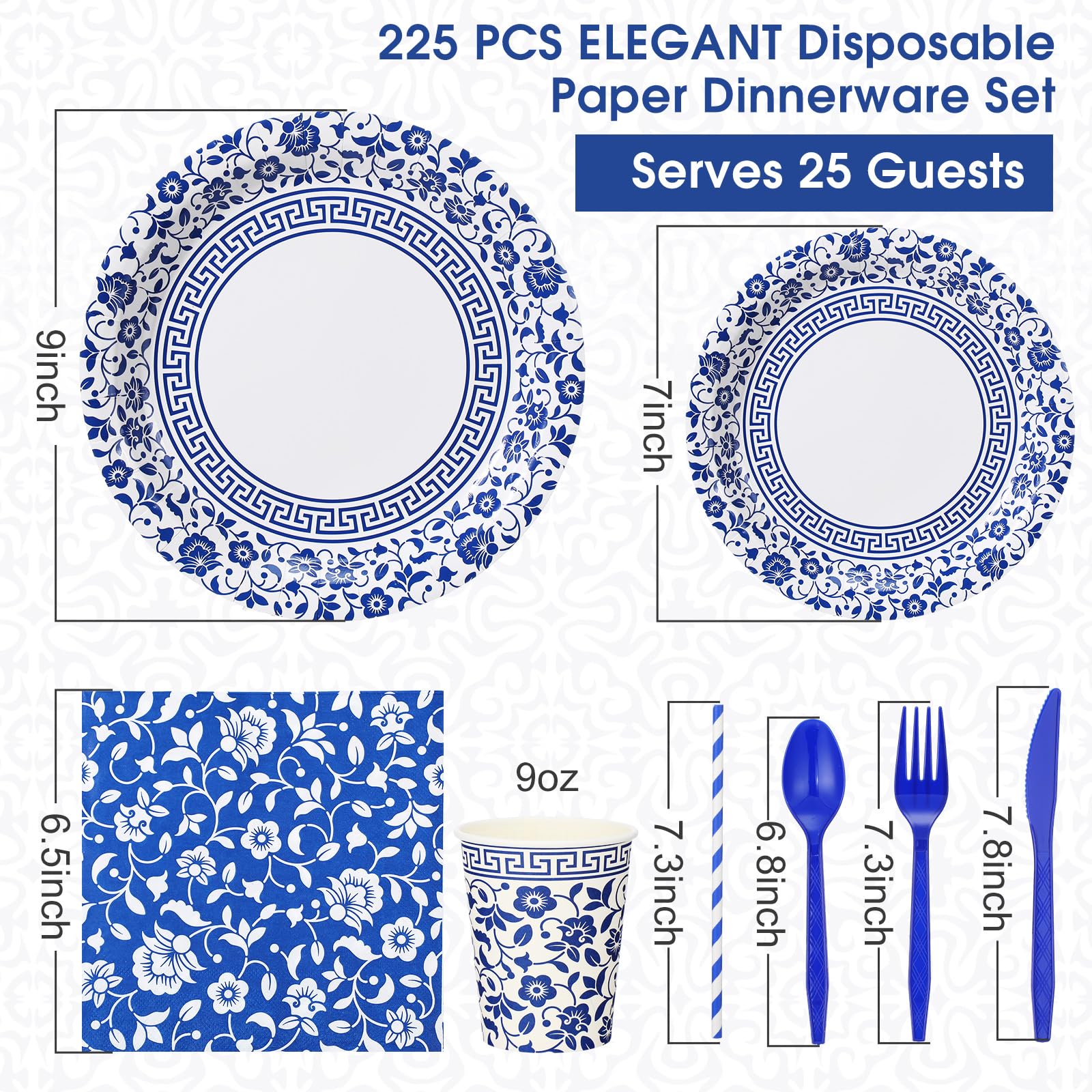 225 Pcs Blue and White Floral Disposable Tableware Set - 9 & 7 Inch Elegant Paper Plates, Cups, Straws, Napkins with Cutlery for 25 Guests | Perfect for Bridal Showers, Weddings, Birthday Parties & Elegant Events