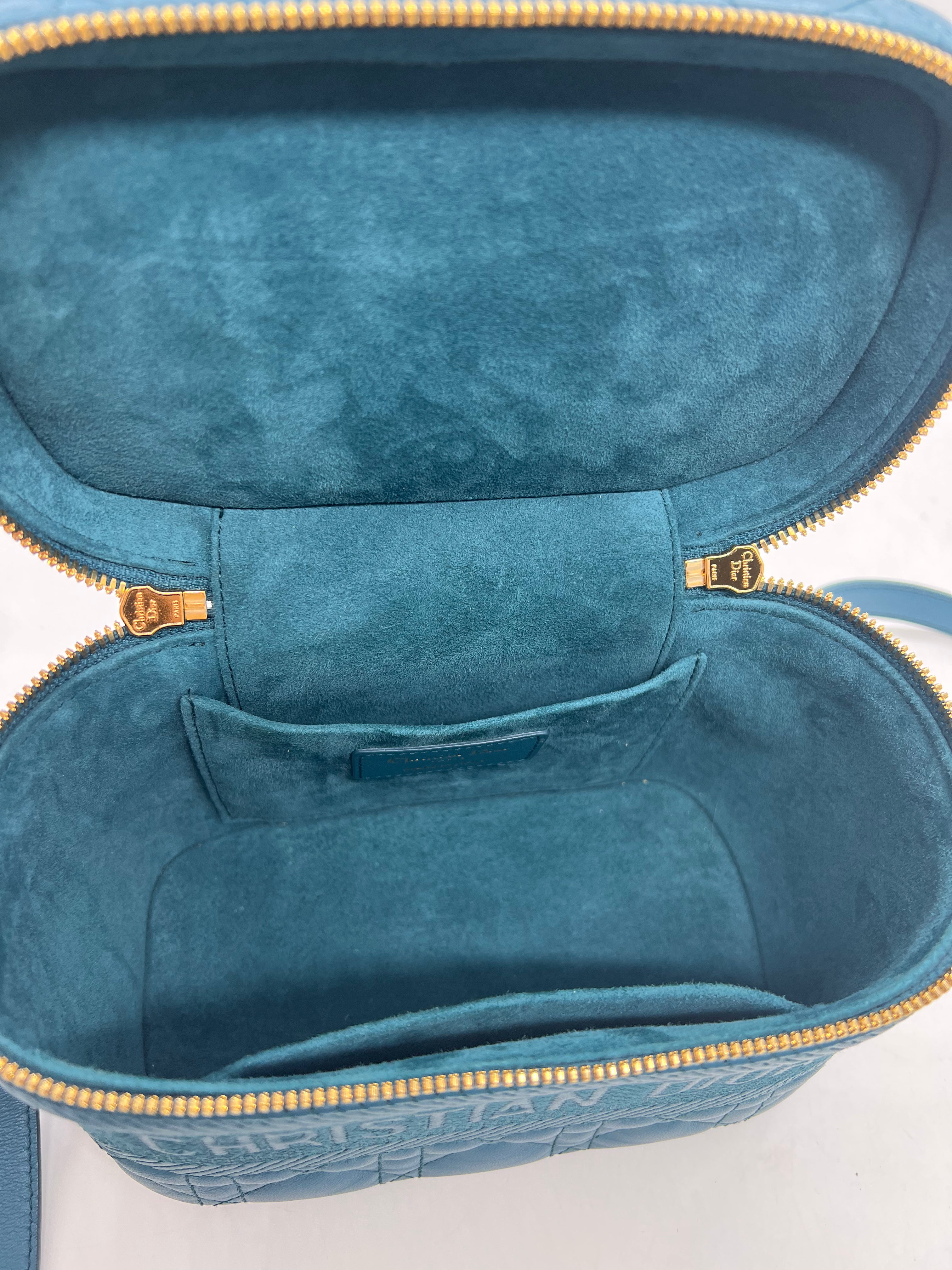 Dior Teal Lambskin Small Cannage Diortravel Vanity Case - Luxury Leather Makeup Bag for Women, Travel Cosmetic Organizer (Perfect for Vacation, Bridal Shower & Everyday Use)