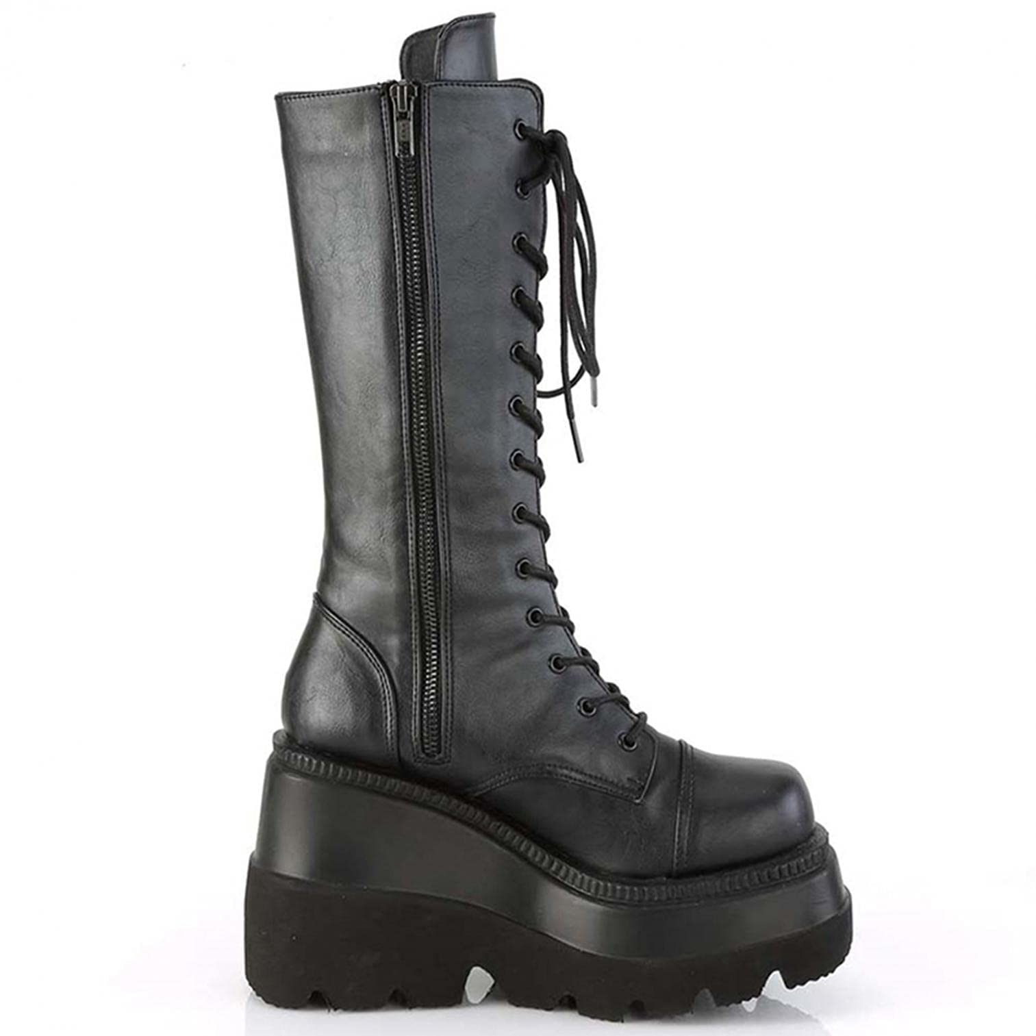 **Gothic Punk Platform Boots for Women - Knee High Motorcycle Combat Boots with Rivets & Lace Straps | Gothic Fashion, Halloween Costume, Cosplay & Night Out**