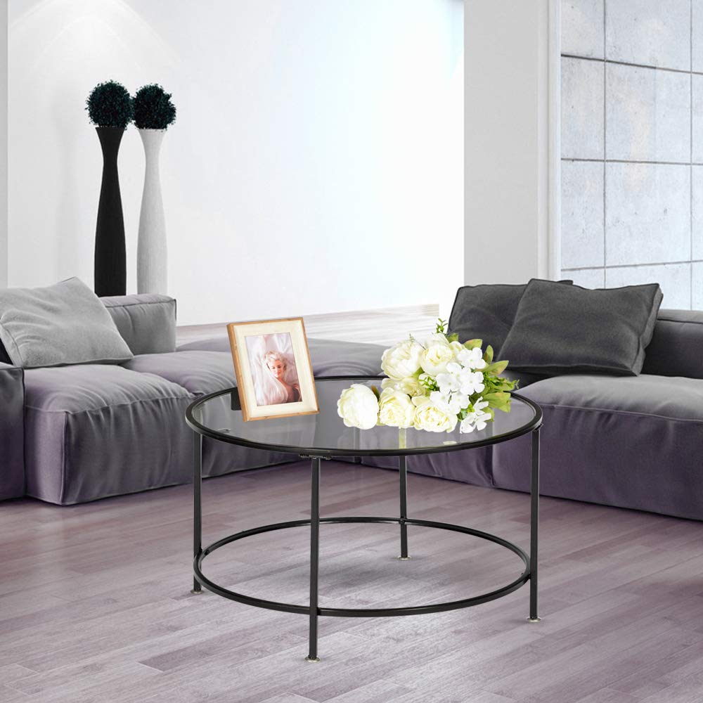 VINGLI 26'' Modern Round Coffee Table with Tempered Glass Top and Sturdy Metal Frame - Perfect for Living Room, Lounge & Home Decor