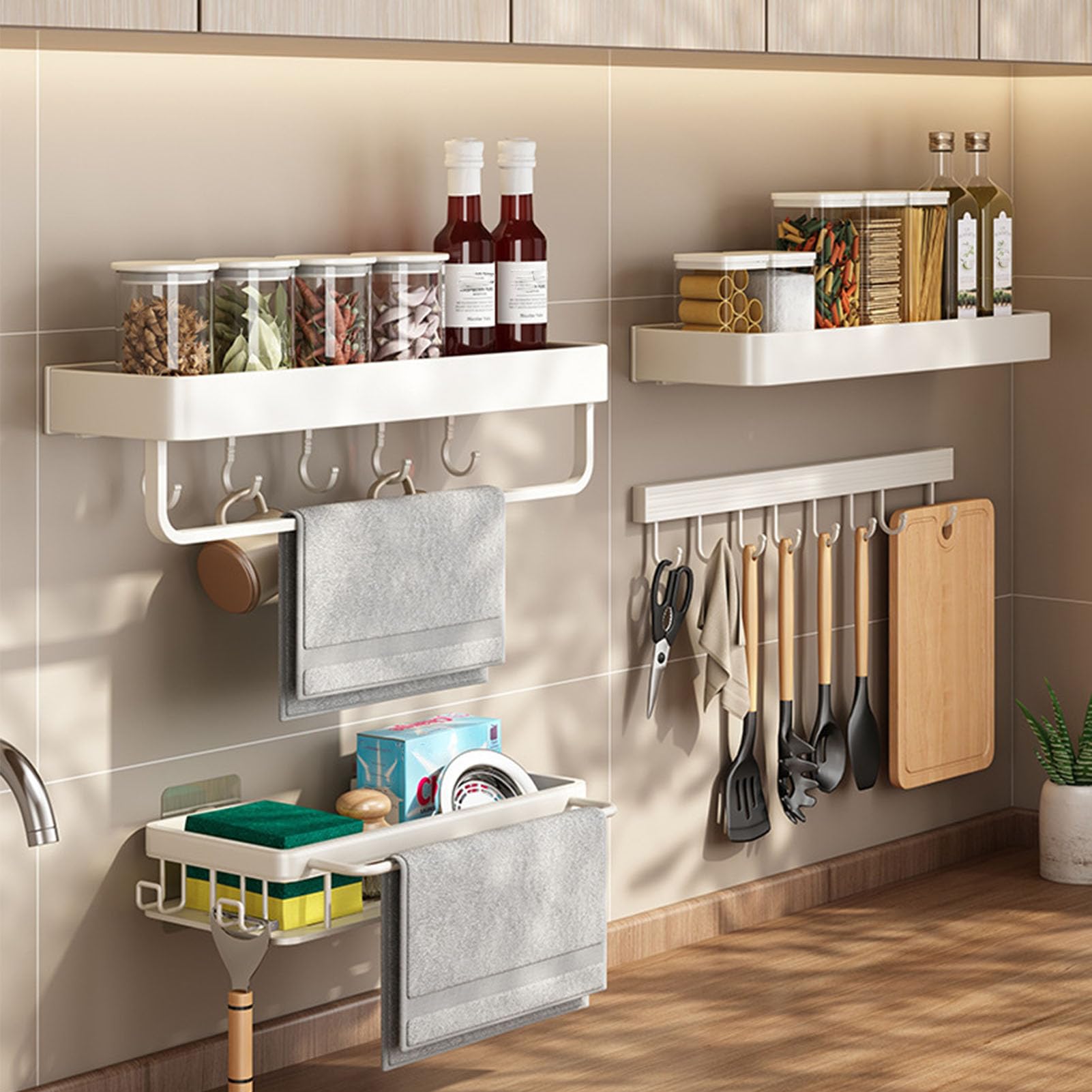 White Aluminum No-Drill Wall Mounted Kitchen Utensil Hanger - 30cm Space-Saving Spoon & Shovel Storage Hook Rack for Kitchen & Bathroom Organization | Perfect for Small Spaces & Clutter-Free Countertops