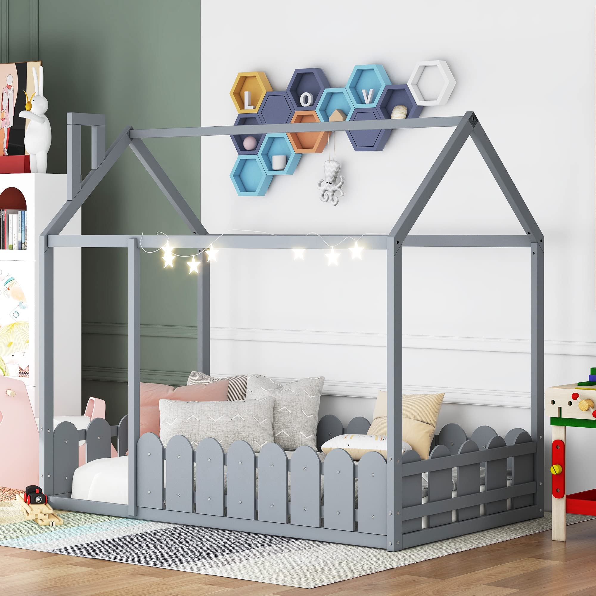Montessori Floor Bed for Kids - Twin Size Solid Wood House Bed Frame with Fence & Roof | Playhouse Bed for Girls, Boys & Teens | Gray Twin | Perfect for Montessori Bedrooms, Playrooms & Cozy Sleep Spaces