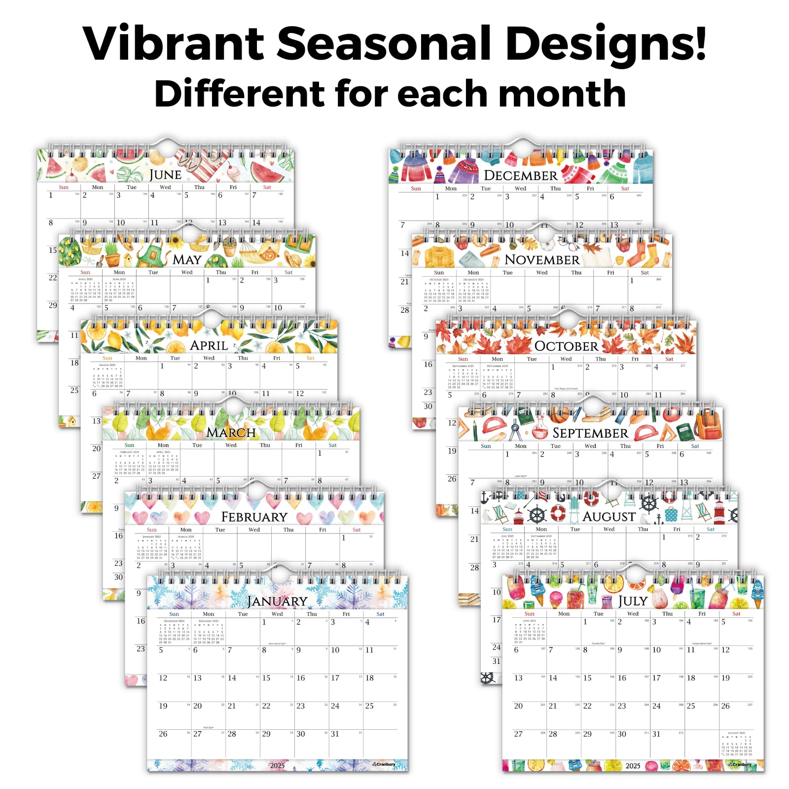 2025 CRANBURY 8x6 Inch Small Wall Calendar - Spiral Bound Mini Monthly Hanging Planner with Colorful Seasonal Designs | Perfect for Home, Office, Bulletin Board, Fridge & Desktop Organization | Includes Bonus Planner Stickers