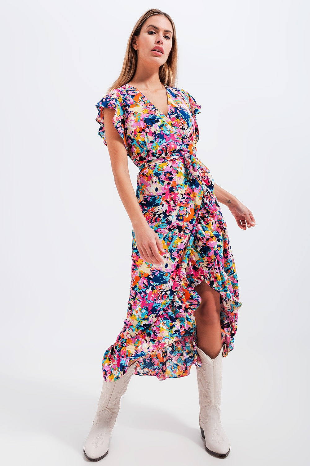 Elegant Long Floral Print Blue Robe with Ruffles - Perfect for Relaxing at Home, Spa Days & Lounging in Style
