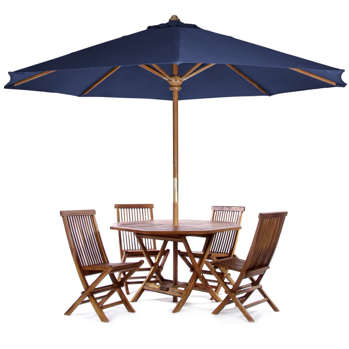 All Things Cedar 6-Piece 4-Foot Teak Octagon Folding Table Set with Umbrella - Perfect for Outdoor Dining, Patio Parties & Garden Gatherings