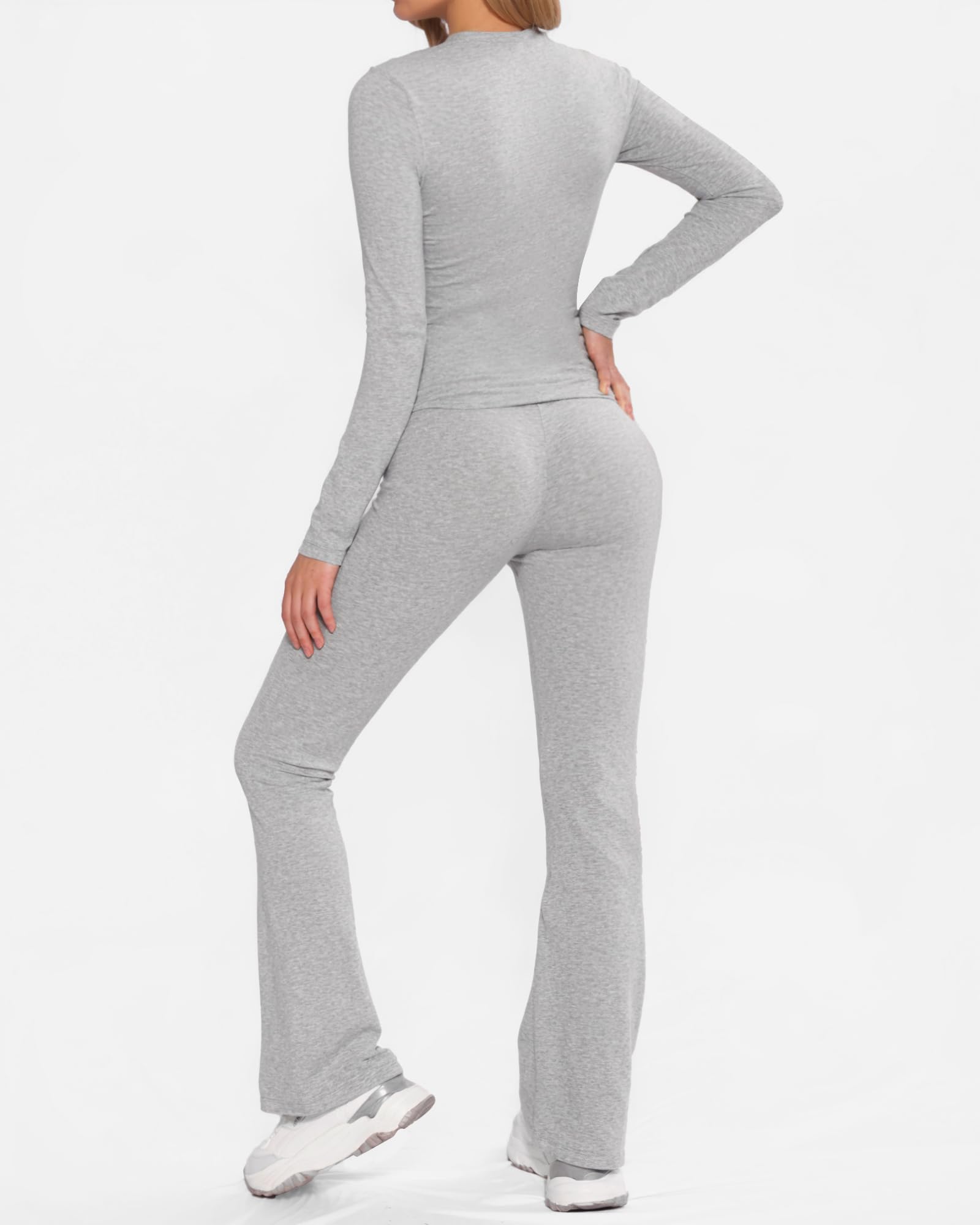 MANGOPOP Women's 2-Piece Lounge Set - Fold Over Flare Pants & Long Sleeve Shirt Casual Outfit | Comfortable Loungewear for Home, Yoga & Relaxation