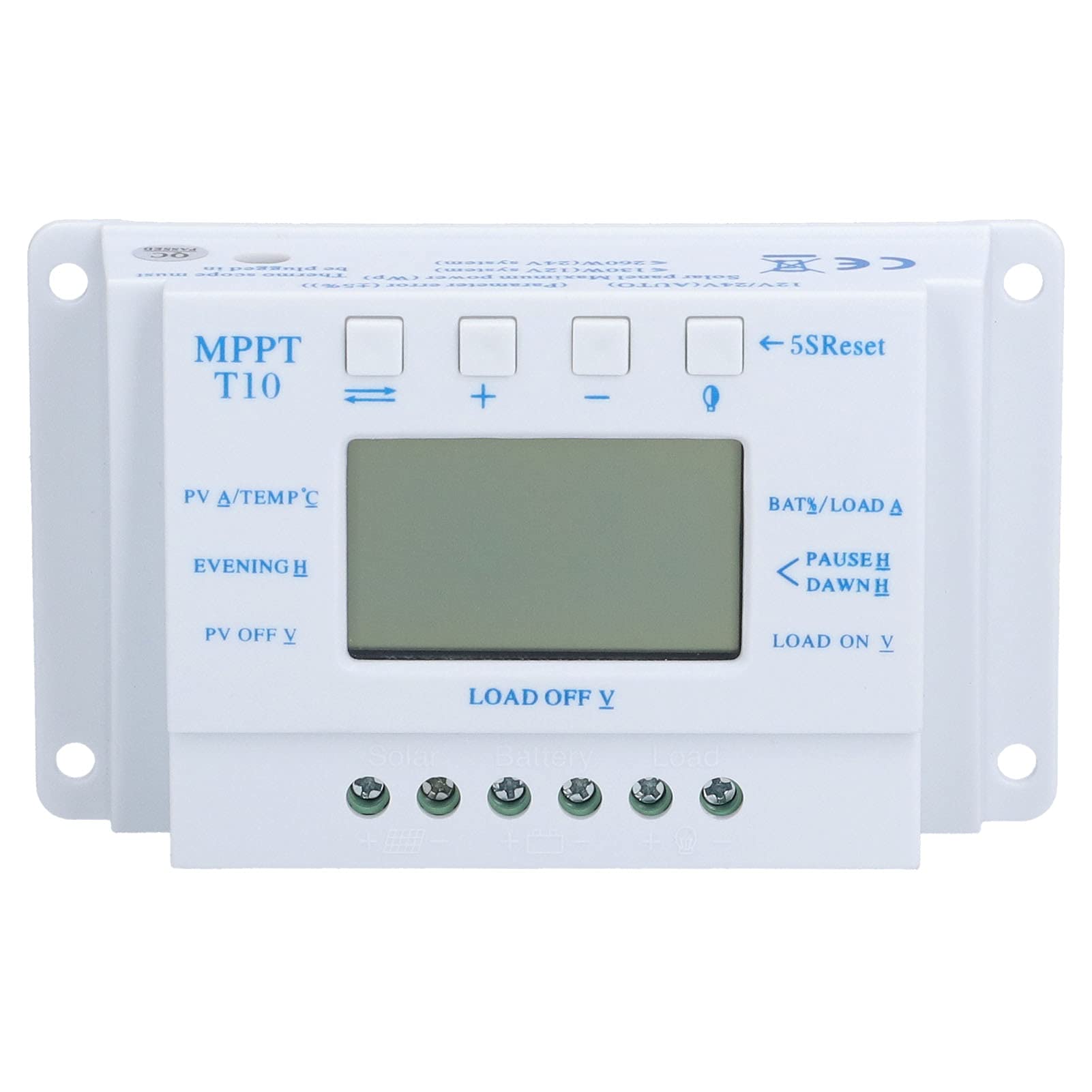 12V/24V 10A MPPT PWM Solar Charge Controller with LCD Display - Automatic Solar Regulator for RV, Boat, Off-Grid & Home Solar Systems