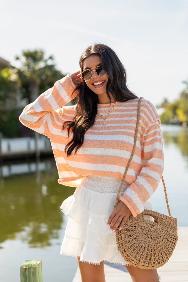 Stylish Orange Lightweight Striped Sweater for Women - Trendy Casual Knit Pullover - Perfect for Fall Outfits & Cozy Layering