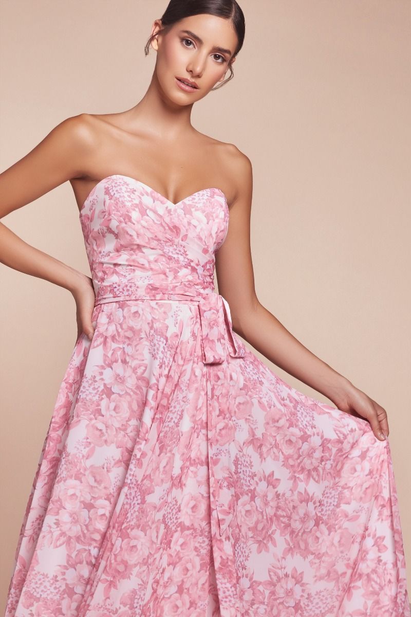 Elegant Strapless A-Line Floral Chiffon Dress - CASSIE GOWN in Rose | Perfect for Weddings, Parties & Special Occasions