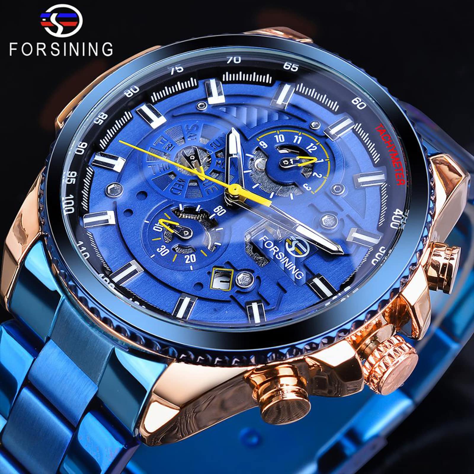 FORSINING Men's Automatic Self-Winding Mechanical Watch - Luxury Stainless Steel Case with Large Dial, Date, Month, Day, Stopwatch & Tachymeter - Perfect for Business, Formal Events & Everyday Wear
