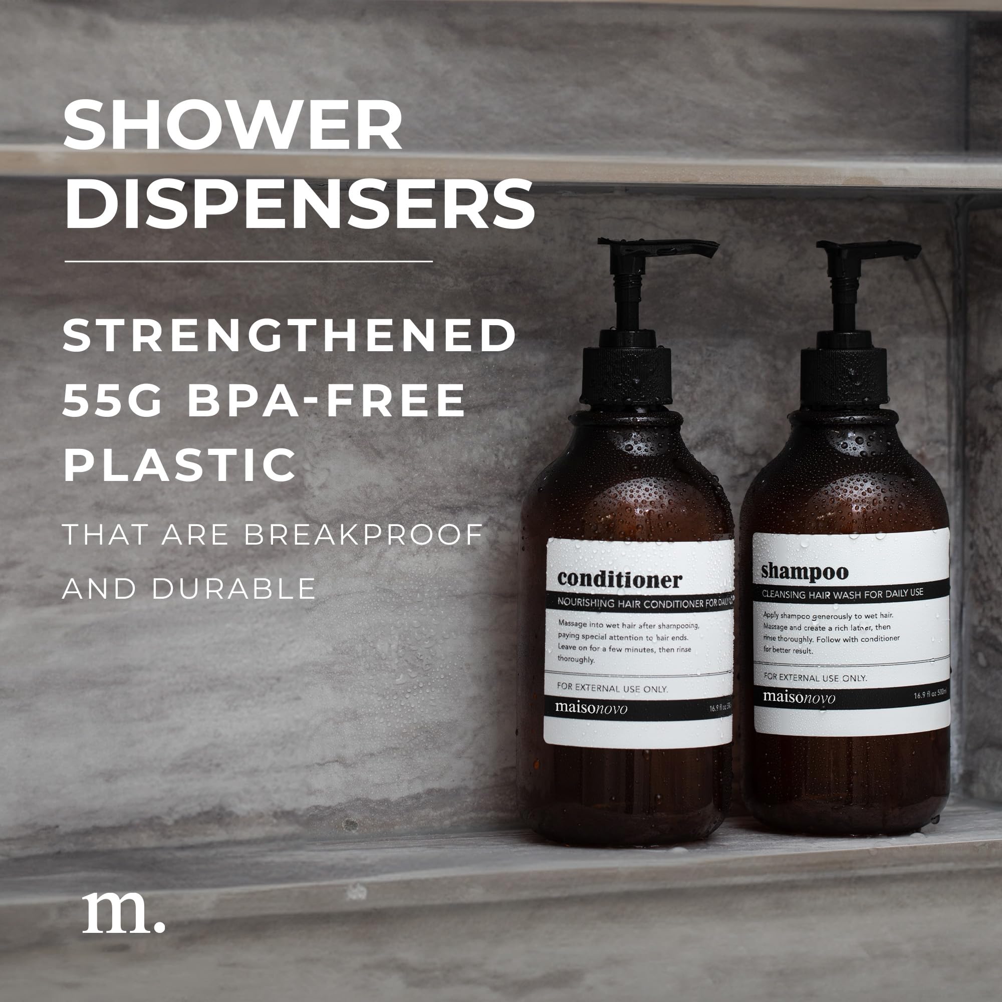 Refillable Shampoo and Conditioner Bottles Set of 3 - 16.9oz Amber Plastic Bottles with Black Pumps for Salon, Travel & Home Use - Eco-Friendly Hair Care Containers