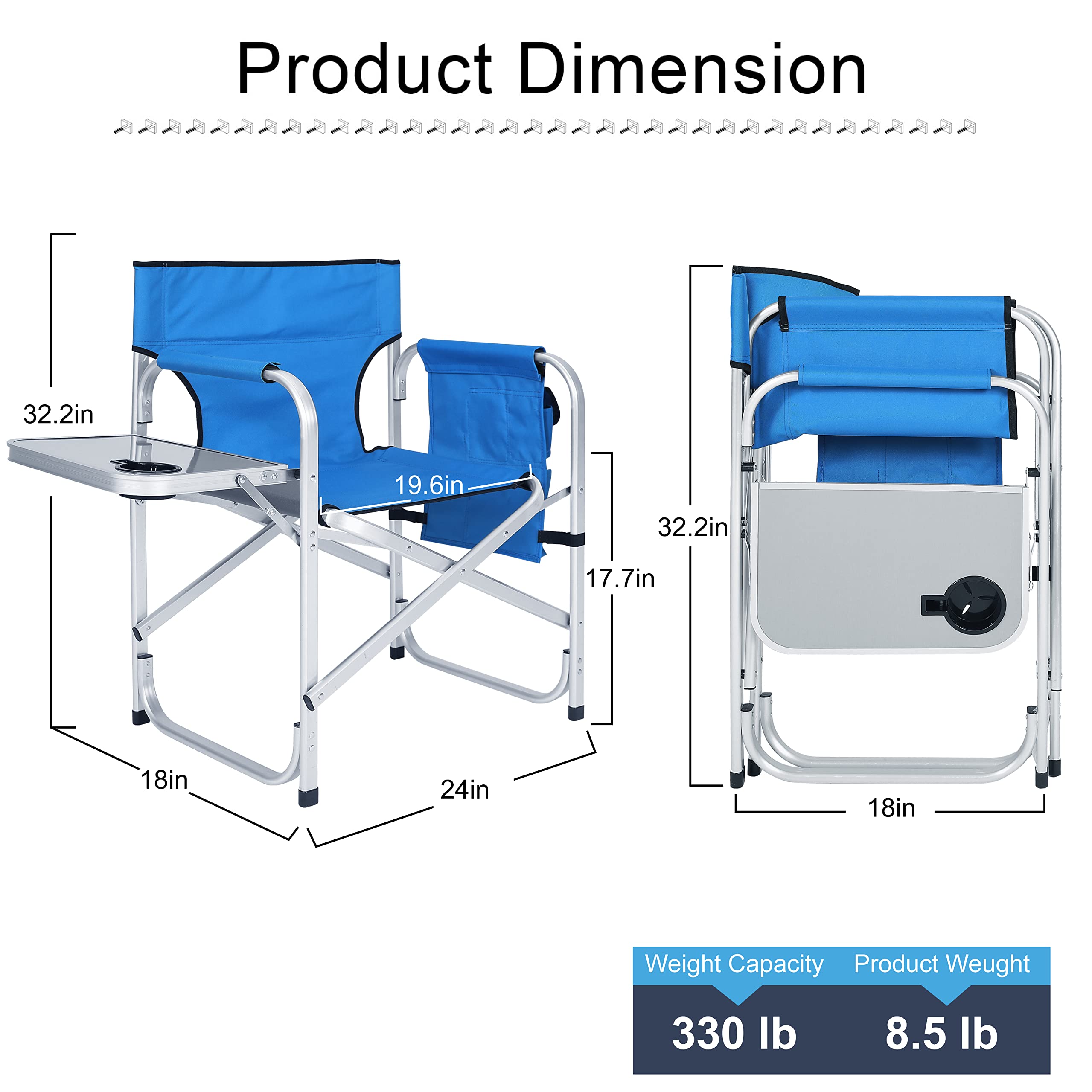 ABCCANOPY Folding Directors Chair - Portable Outdoor Camping Chair with Side Table & Storage Pockets - Royal Blue - Perfect for Beach, Picnic, Backyard, and Makeup Artist Use