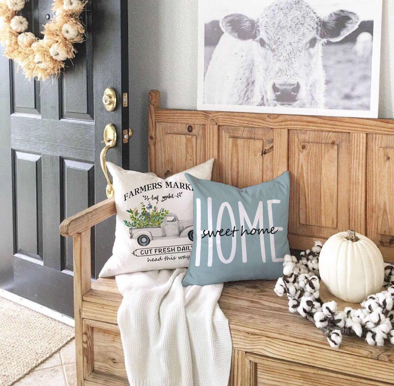 Farmhouse Pillow Covers 18x18 Set of 4 - Eucalyptus Leaves Decor Linen Cushion Cases for Sofa, Bed & Home Decor - Perfect for Living Room, Bedroom & Cozy Farmhouse Style