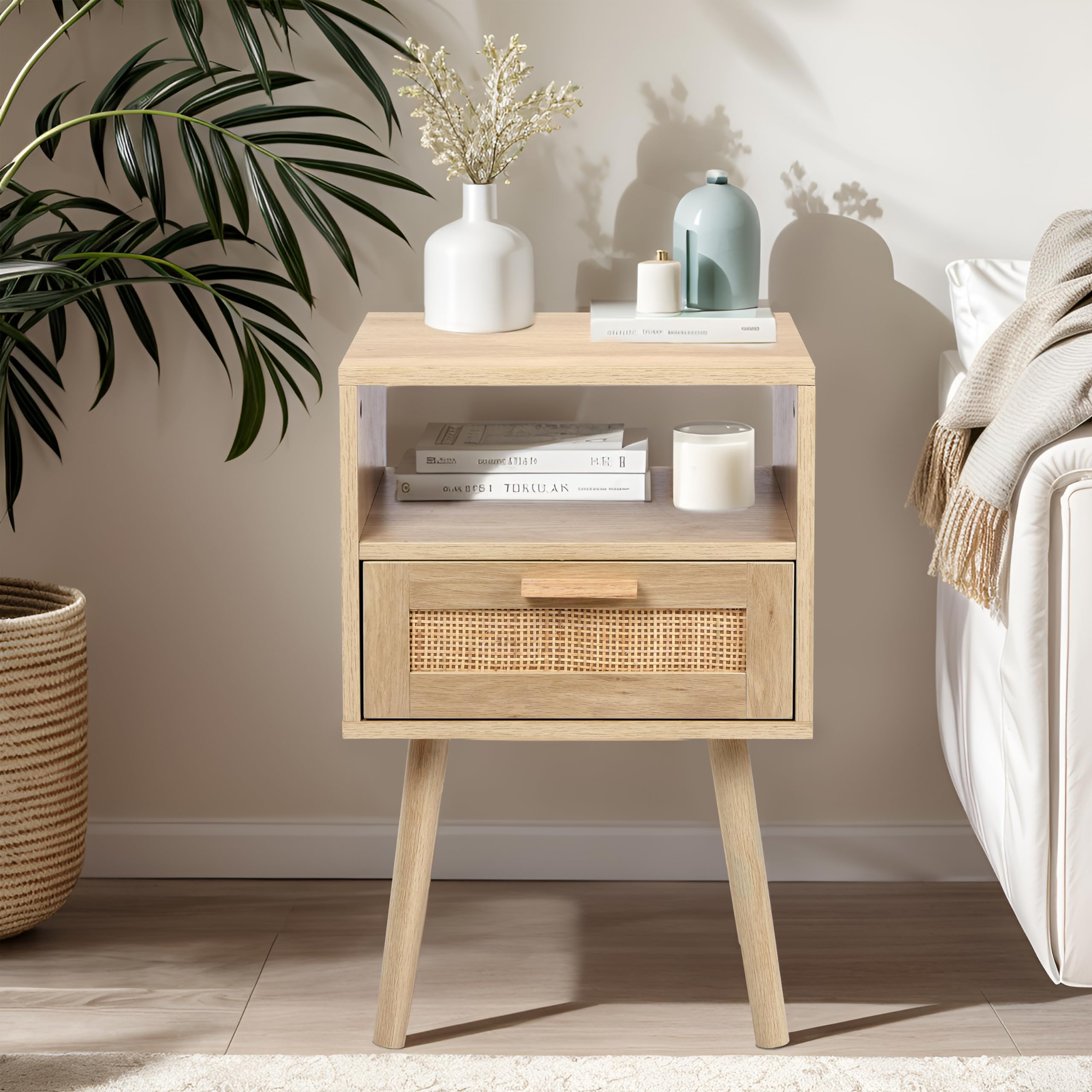 Finnhomy Nightstand Set of 2 - Handmade Rattan Decorated Drawer Side Tables with Wood Accent & Storage for Bedroom, Living Room - Natural End Tables for Small Spaces & Apartment Decor