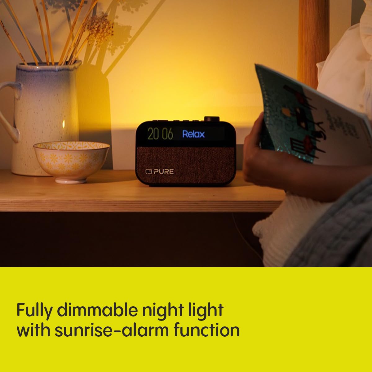 Pure Moment Alarm Clock Radio with Wake-Up Light, Bluetooth Speaker & White Noise Machine - Crystal Clear Sound, Coffee Brown Finish - Perfect for Bedroom, Office, and Meditation Spaces