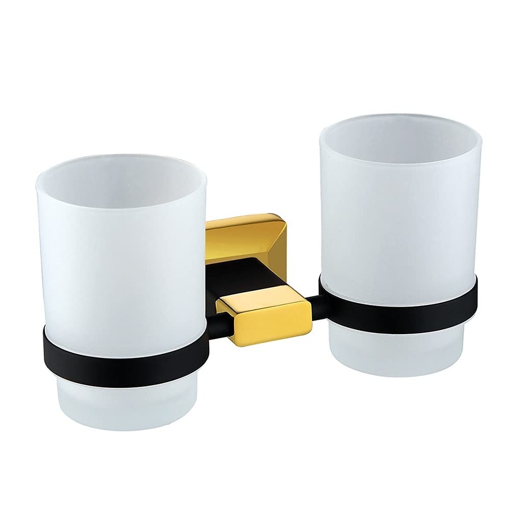 Premium Black Gold Brass Bathroom Hardware Set - Wall Mounted Towel Rack, Toilet Paper Holder & Double Glass Toothbrush Holder | Modern Bathroom Accessories for Luxury Homes & Hotels