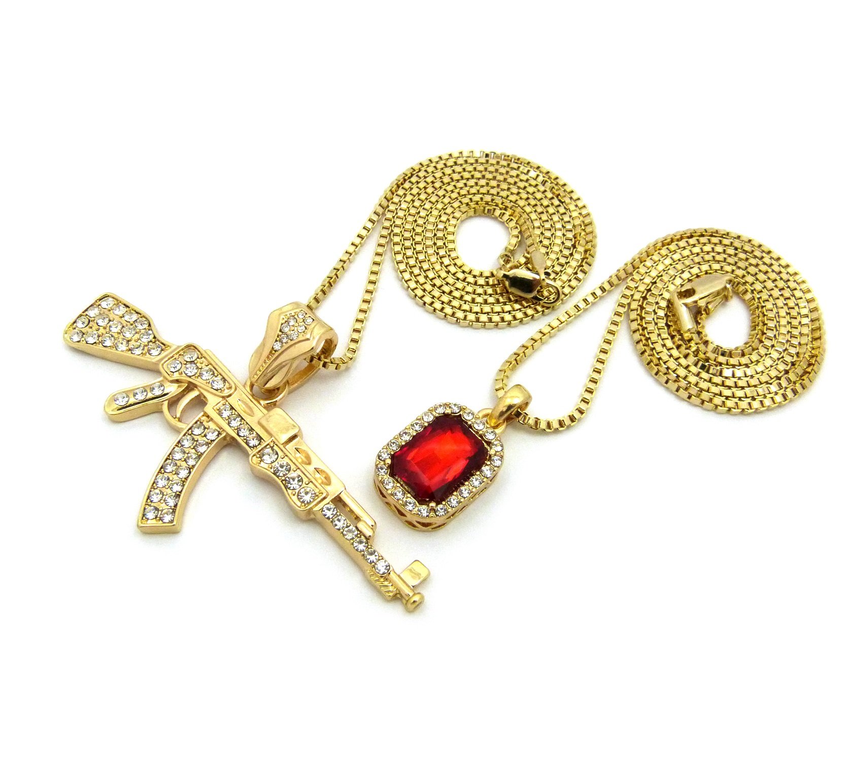 24K Gold Plated AK47 Machine Gun Pendant Necklace Set with Iced Out Gemstones - 24
