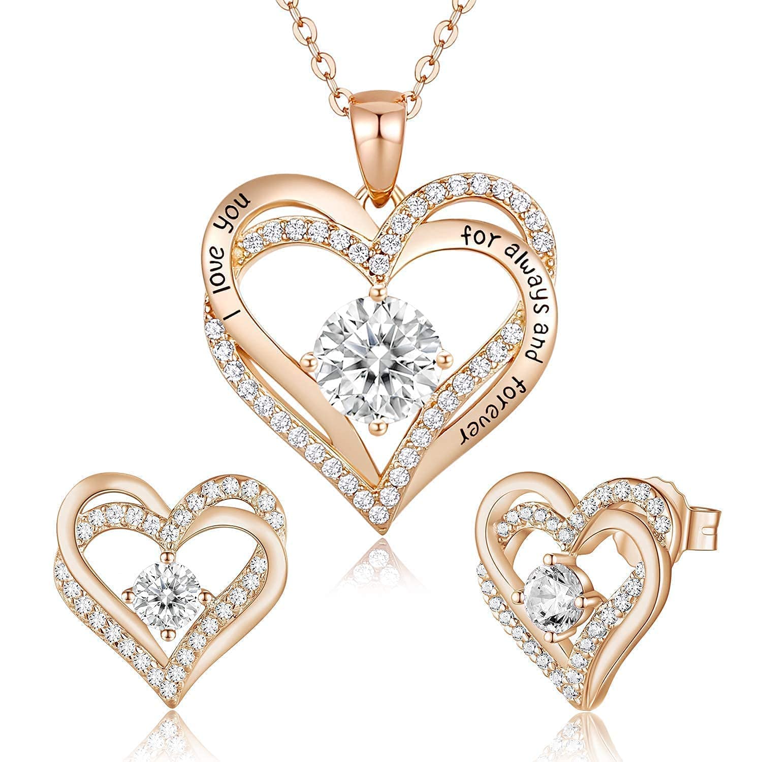 Forever Love Heart Necklace & Earrings Set - 925 Sterling Silver Rose Gold Plated Birthstone Jewelry for Women with 5A Cubic Zirconia | Valentine's Day Gift, Anniversary Present, Birthday Jewelry Set for Her | Perfect for Romantic Occasions, Date Nights and Special Celebrations