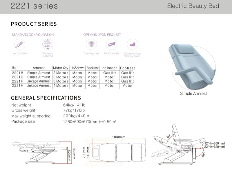 Silverfox 3 Motors Electric Spa Facial Bed 2221D - Professional Hydraulic Massage Table for Facial Treatments & Spa Services - Perfect for Salons, Spas, and Beauty Clinics