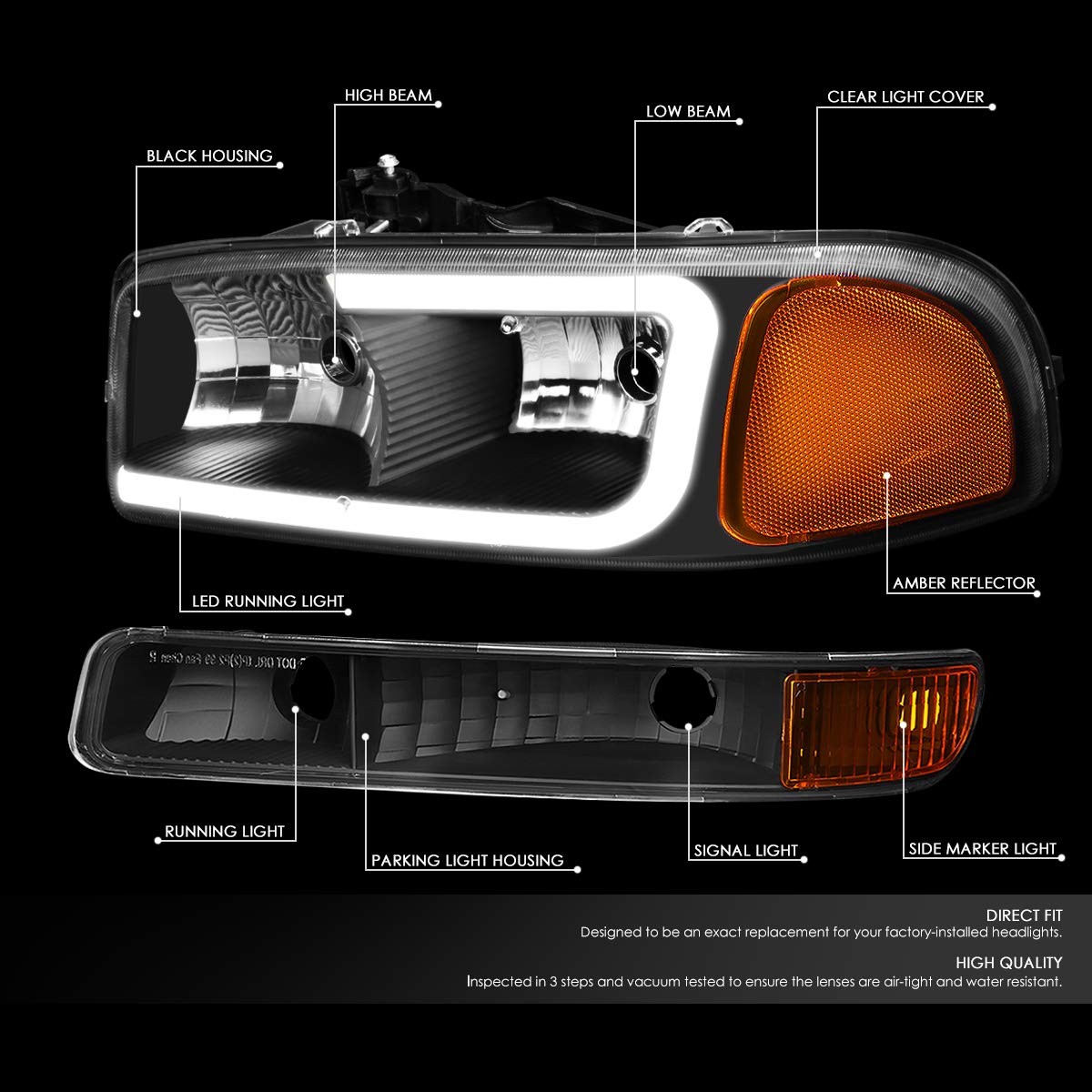 Auto Dynasty LED DRL Headlights for 1999-2007 GMC Sierra & Yukon XL - 4Pcs Set with Bumper Lamps - Perfect for Off-Road & Night Driving
