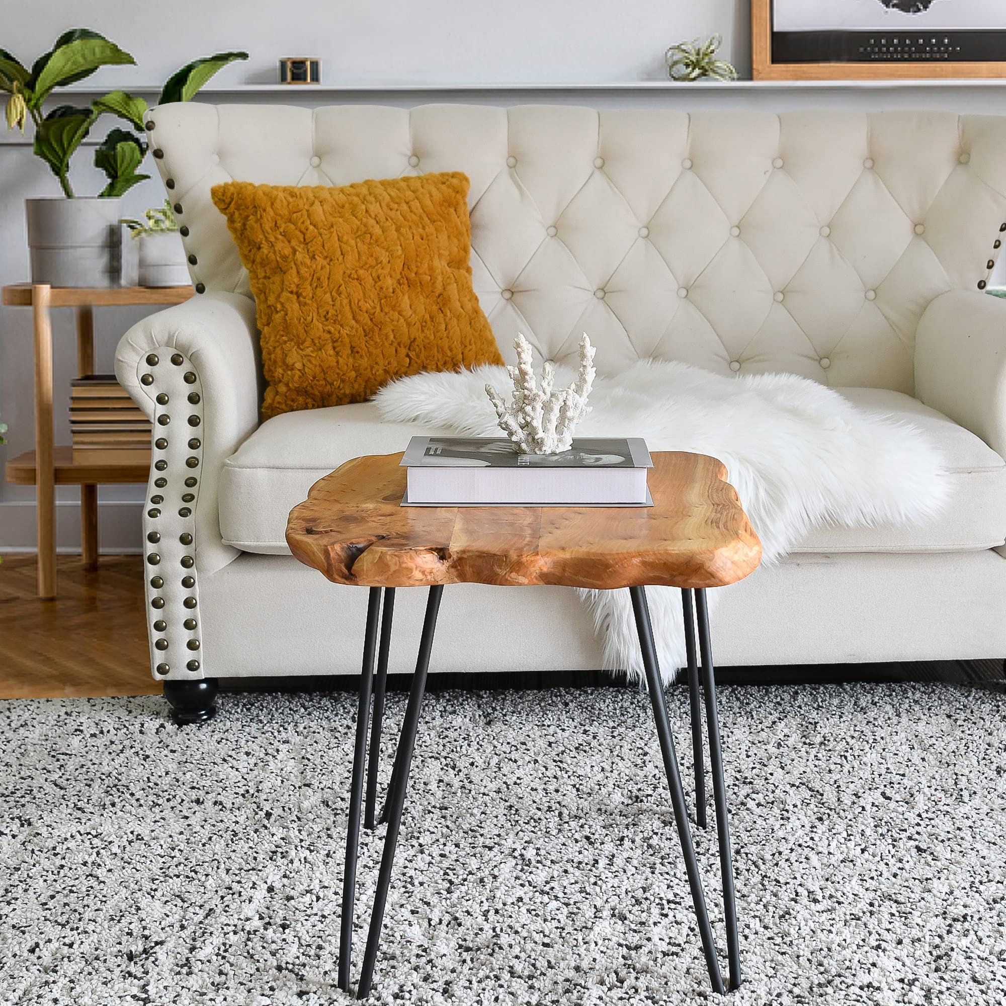 Natural Cedar Wood Side Table 20x20x21 Inches - Vintage Live Edge Solid Slab Coffee Table - Rustic Accent End Table for Living Room, Patio, Bedroom - Perfect Plant Stand & Outdoor Furniture