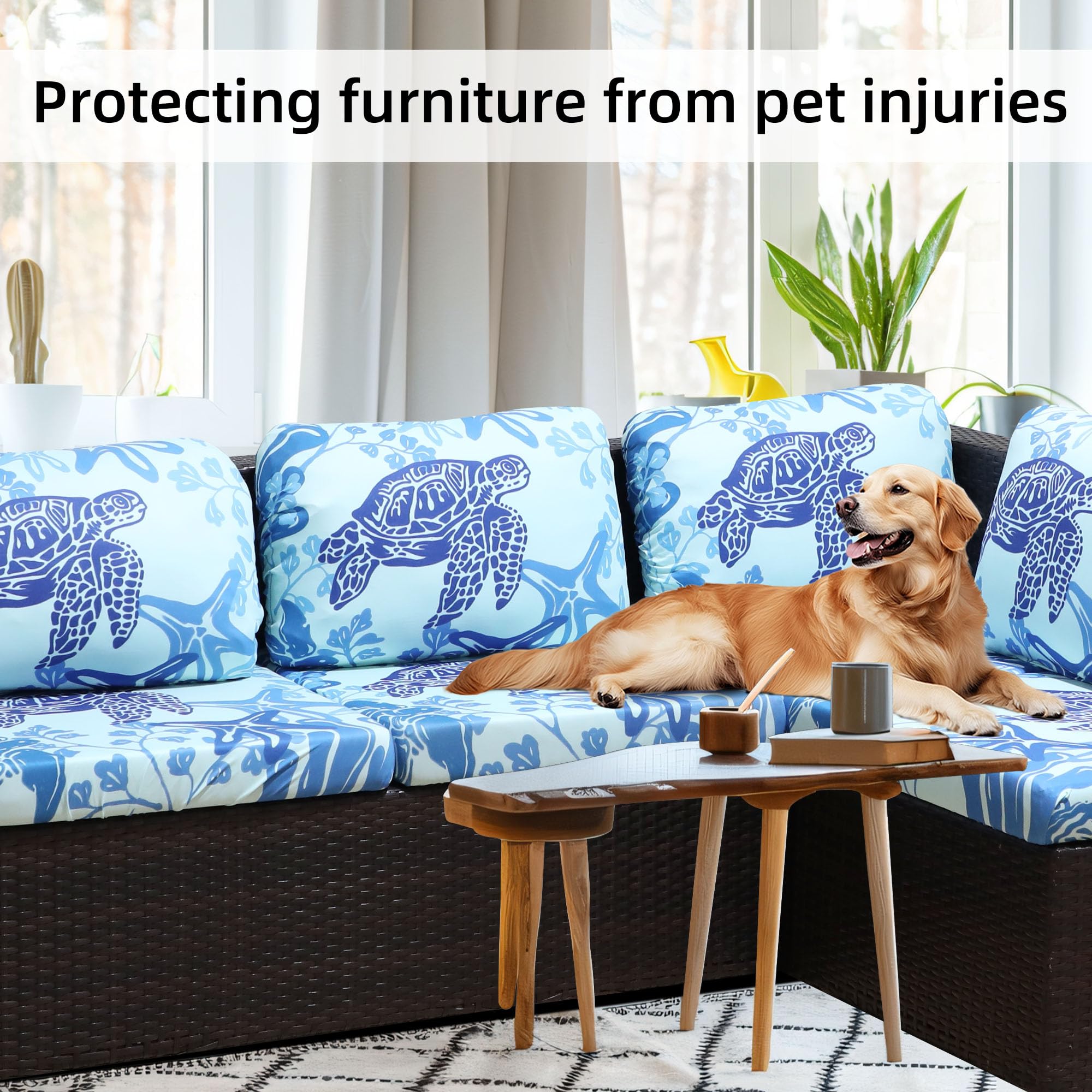 8Pcs Stretch Patio Cushion Covers - Waterproof Outdoor Furniture Slipcovers for Sofa, Chair & Couch Replacement - Washable & Durable Patio Seat Covers (Sea Turtle Pattern) - Perfect for Backyard, Deck, Poolside & Garden Furniture Protection
