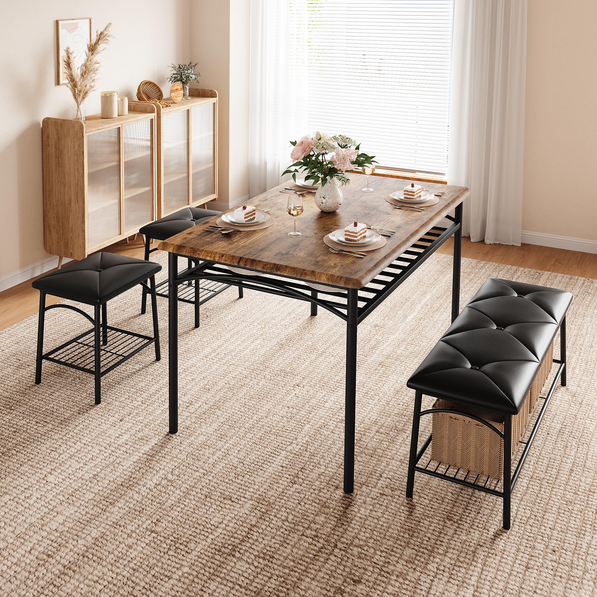 IDEALHOUSE 4-Piece Rustic Brown Dining Table Set with Upholstered Bench & Square Stools - Space Saving Kitchen Table for Small Apartments | Perfect for Breakfast Nooks, Compact Dining Areas & Cozy Family Meals