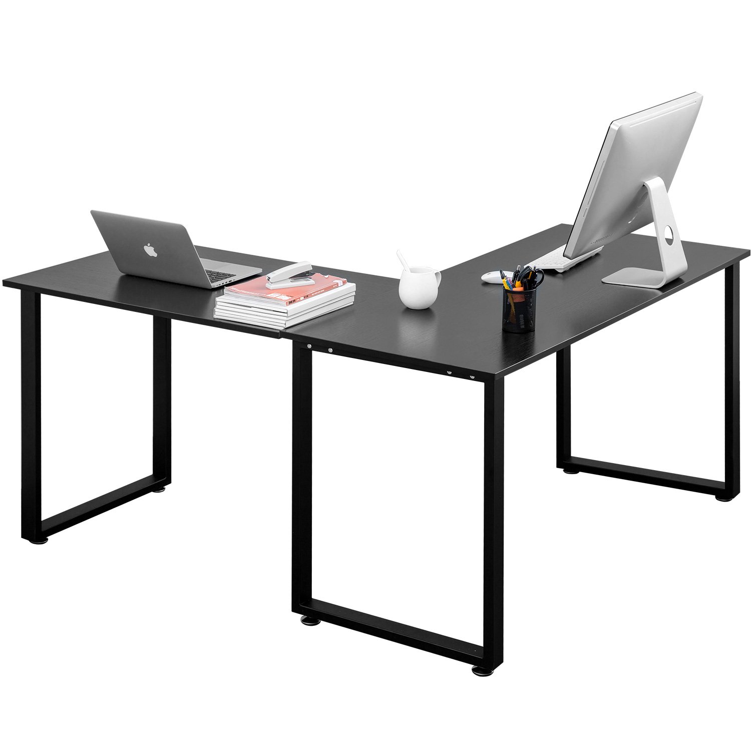 Modern L Shaped Desk Computer Corner Desk - Home Office Study Writing Workstation & Gaming Table with Wood & Steel Frame (Black) - Perfect for Small Spaces, Work from Home, and PC Gaming Setup
