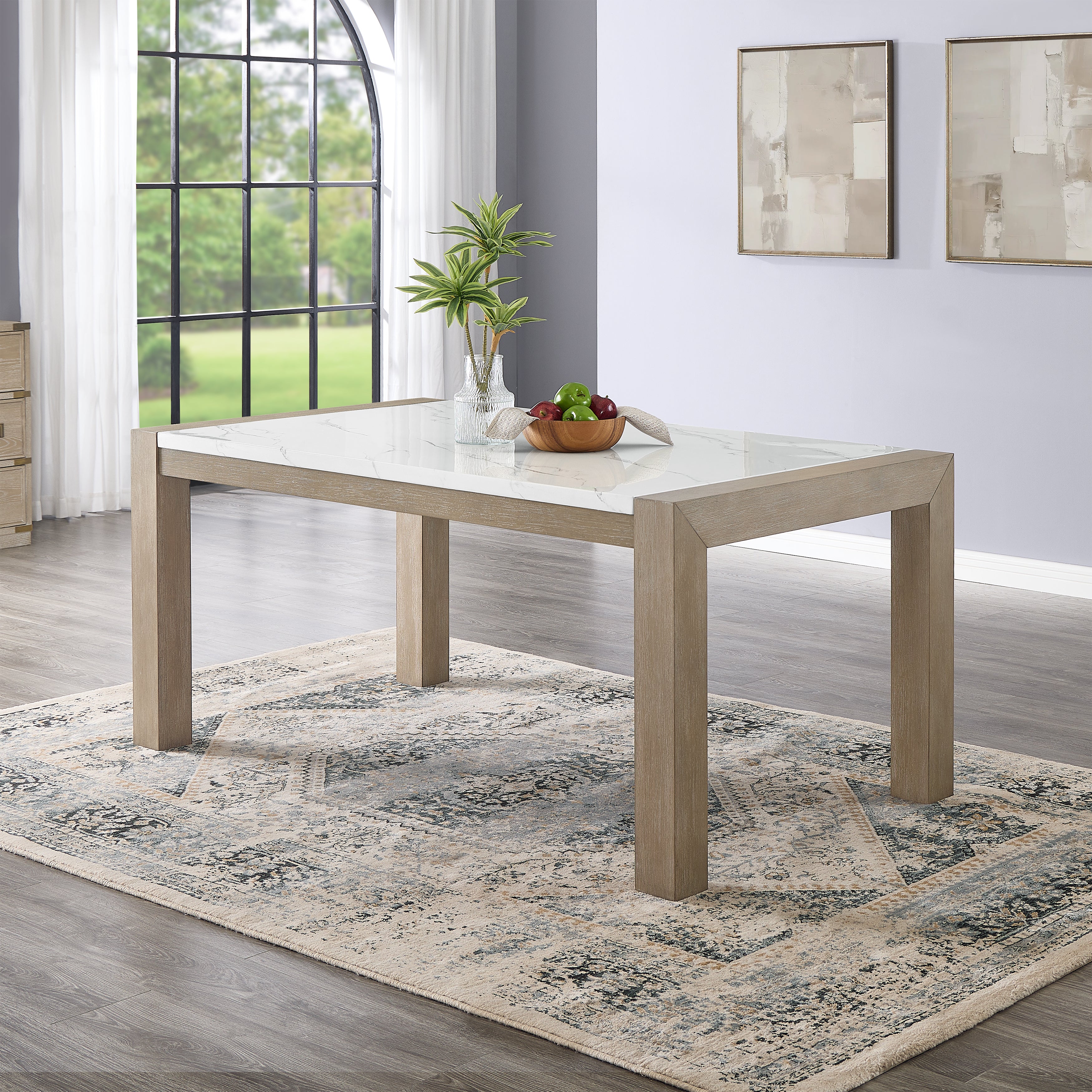 Roundhill Furniture Zelalle 6-Piece Dining Set with Table, 4 Chairs & Bench - White Wired Brushed Finish for Kitchen, Breakfast Nook or Small Dining Room