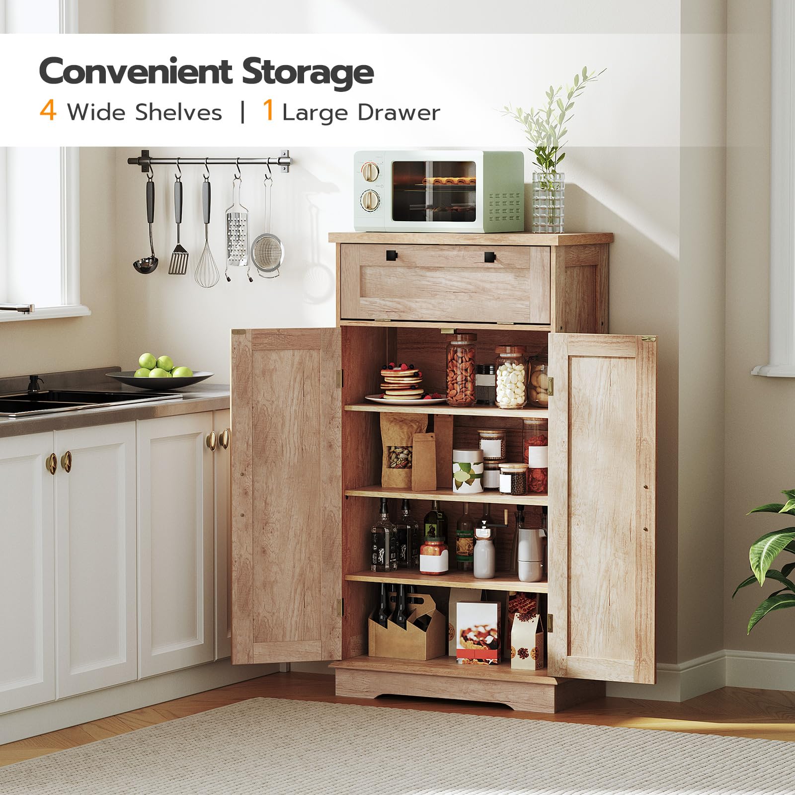 HOOBRO Farmhouse Style Kitchen Pantry Cabinet with Drawer, Adjustable Shelves & Rattan-Like Decor - Tall Storage Cabinet for Spices, Cookware & Kitchen Organization (Natural, NL12PC01) - Perfect for Small Kitchens, Dining Rooms & Farmhouse Decor