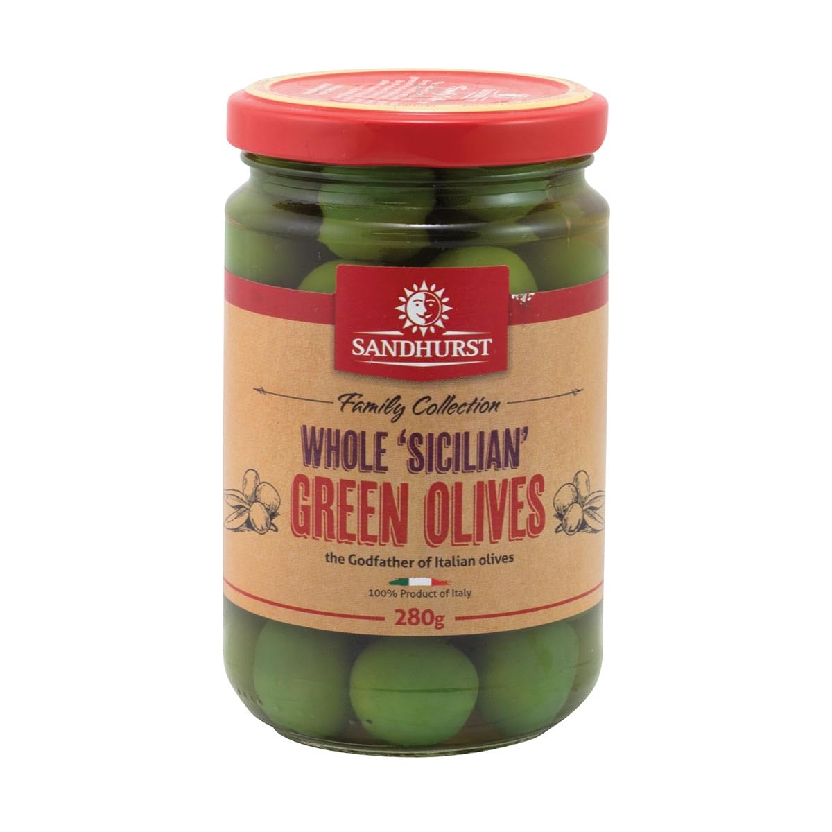 Sandhurst Premium Green Olives 280g (9.9oz) - Mediterranean Style Pitted Olives for Salads, Charcuterie Boards & Cocktails - Gourmet Snack & Appetizer