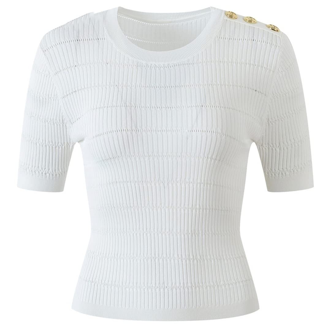 Women's 2022 Summer Casual O-Neck Short Sleeve Knitted Sweater - Soft Cotton Blend Pullover Top in White, Black & White Stripe | Perfect for Office Wear, Date Night & Weekend Outfits