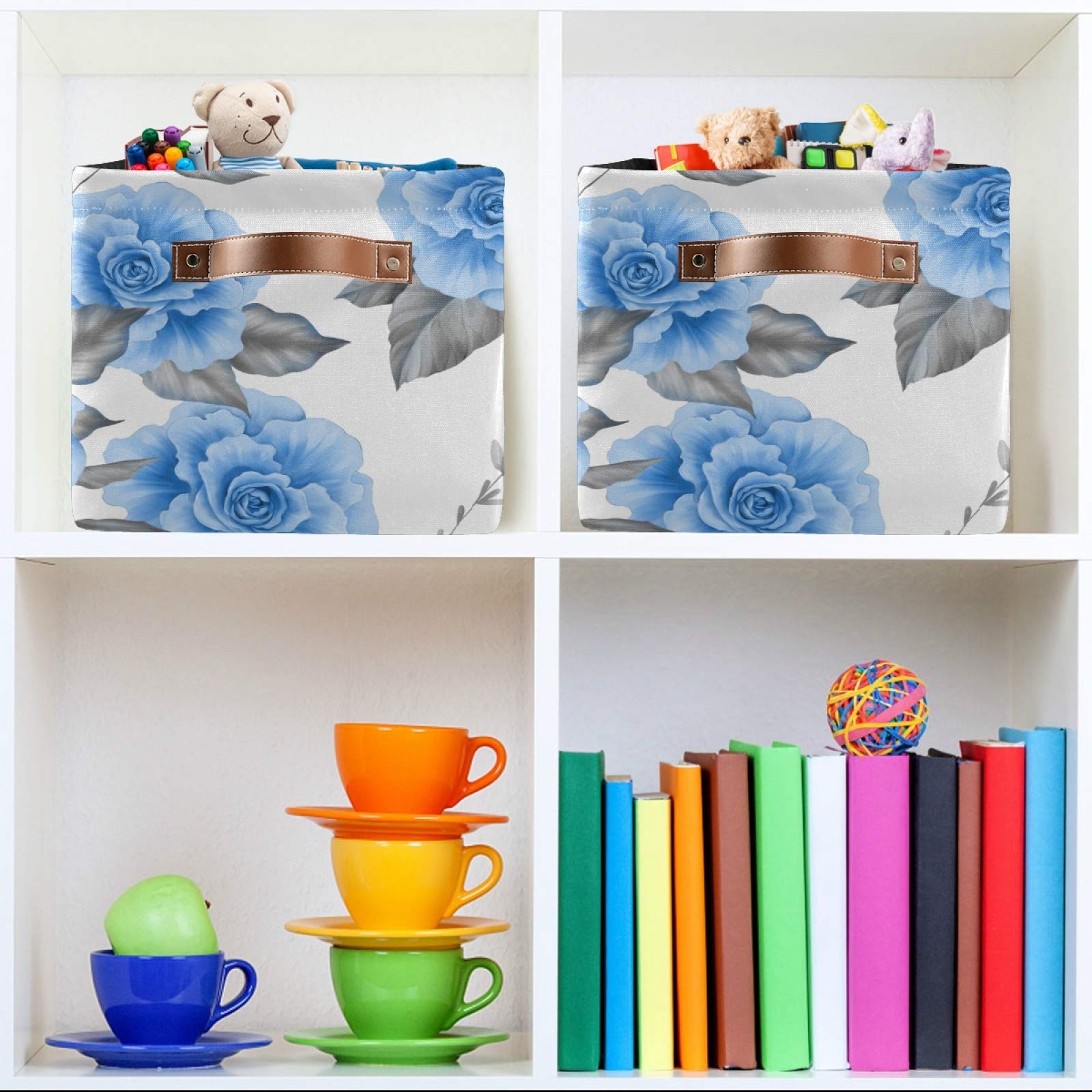 Floral Blue Roses Foldable Storage Bins - 2 Pack Collapsible Fabric Baskets with PU Handles for Home Organization | Shelves, Closet, Bedroom & Living Room Storage Solutions | Space-Saving Decorative Bins for Laundry, Toys & Blankets
