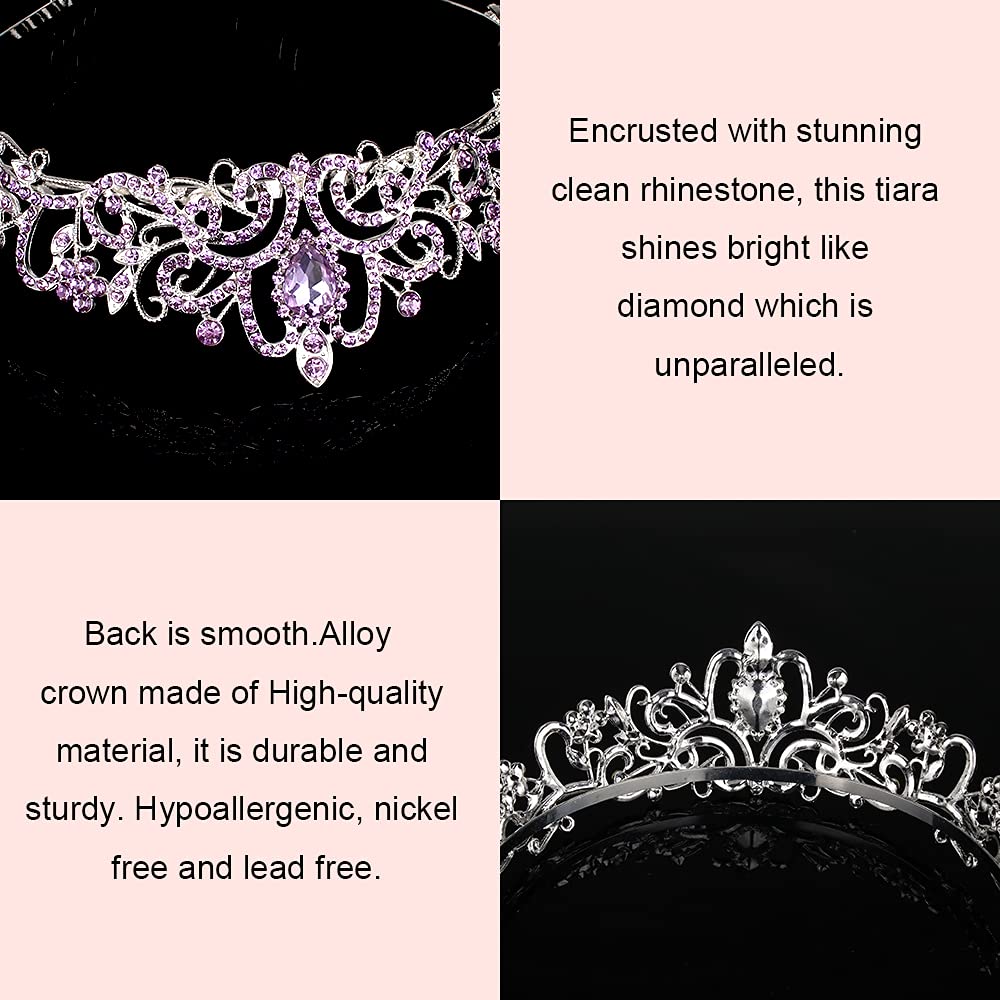 Elegant Silver Tiara for Women with Light Purple Crystals - Princess Crown with Combs for Girls, Bridal Wedding, Prom, Birthday Party Headpiece | Perfect for Weddings, Proms, Pageants, and Special Occasions