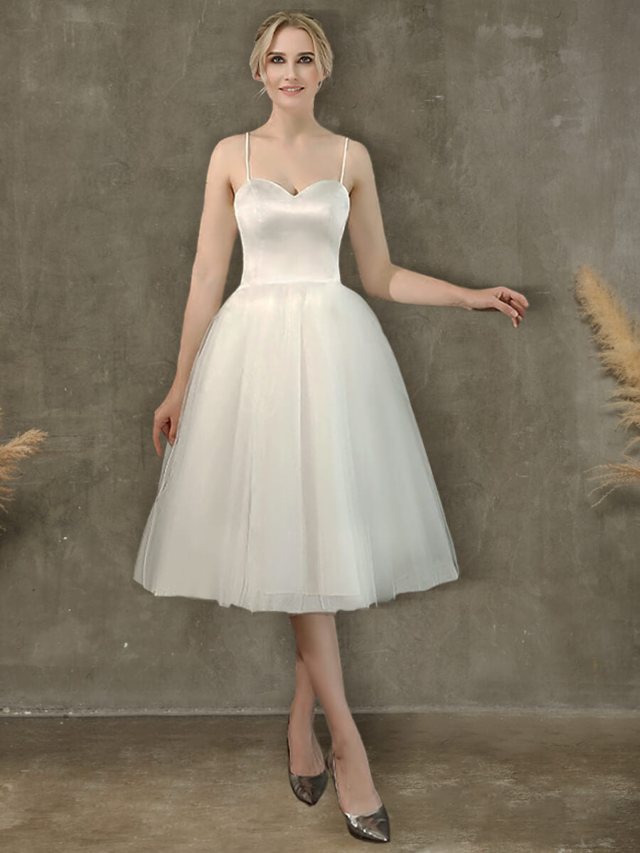 Elegant A-Line Ballet Spaghetti Straps Sweetheart Satin Tulle Short Wedding Dress for Bride, Bridesmaid, or Prom - Perfect for Beach Weddings, Vow Renewals & Romantic Photo Shoots