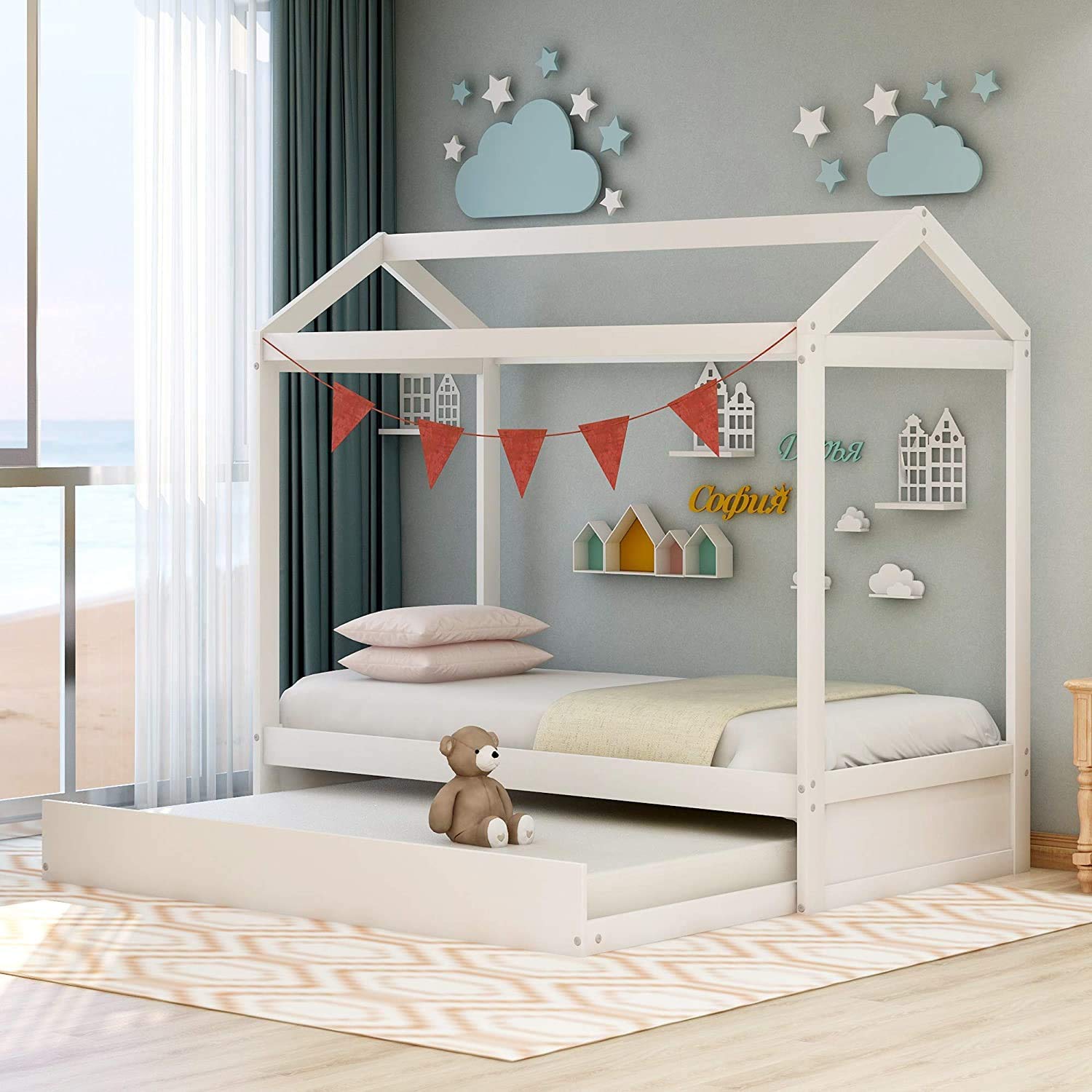 Twin Size Wooden House Bed Frame with Trundle - Kids Bedroom Furniture for Girls & Boys, White - Perfect for Small Spaces & Sleepovers