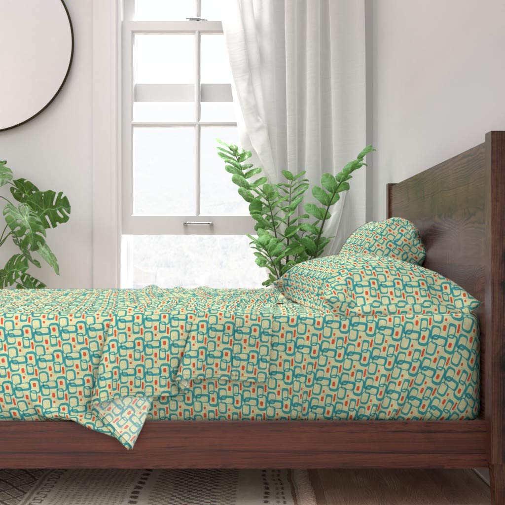 Premium 100% Cotton Twin Sheet Set 3-Piece - Midcentury Modern Geometric Atomic Retro Print in Green & Red | Soft Breathable Bedding for Home, Dorm & Guest Room