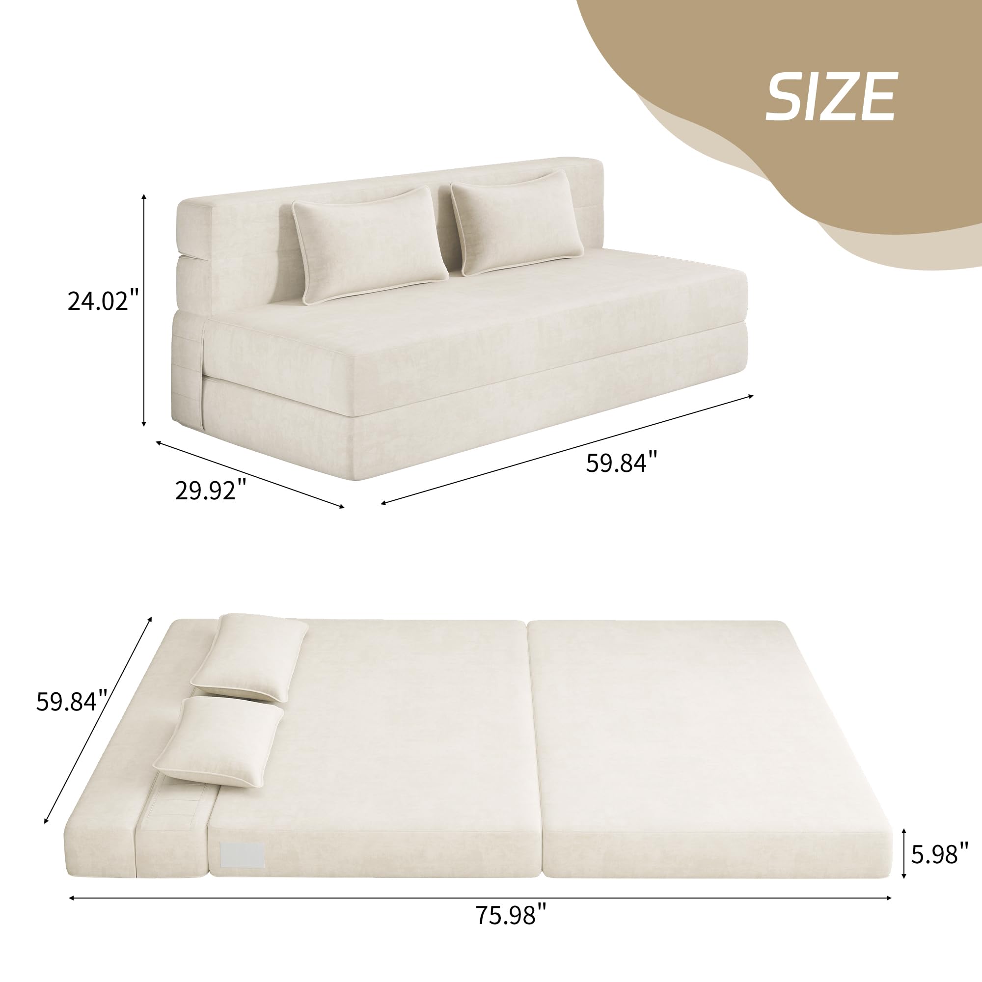 Convertible Folding Sofa Bed Queen Size with Pillows - Foldable Futon Sleeper Chair for Living Room, Dorm & Guest Room - Washable Cover, Off White - Perfect for Small Spaces, Lounging & Overnight Guests