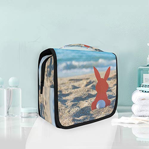 Domook Hanging Travel Toiletry Bag - Waterproof Makeup Organizer for Women & Men, Bunny on Beach Sunset Design - Perfect for Vacation, Camping & Gym Essentials Storage