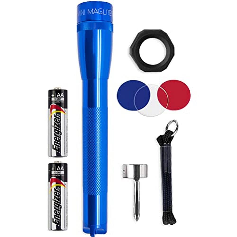 **MagLite Mini LED Flashlight - Ultra Bright 127 Lumens, Adjustable Beam, Water-Resistant IPX4, Shock Resistant, 2 Power Modes, Includes 2 AA Premium Alkaline Batteries (Combo Pack, Blue) - Perfect for Camping, Hiking, Emergency Kits & Home Use**