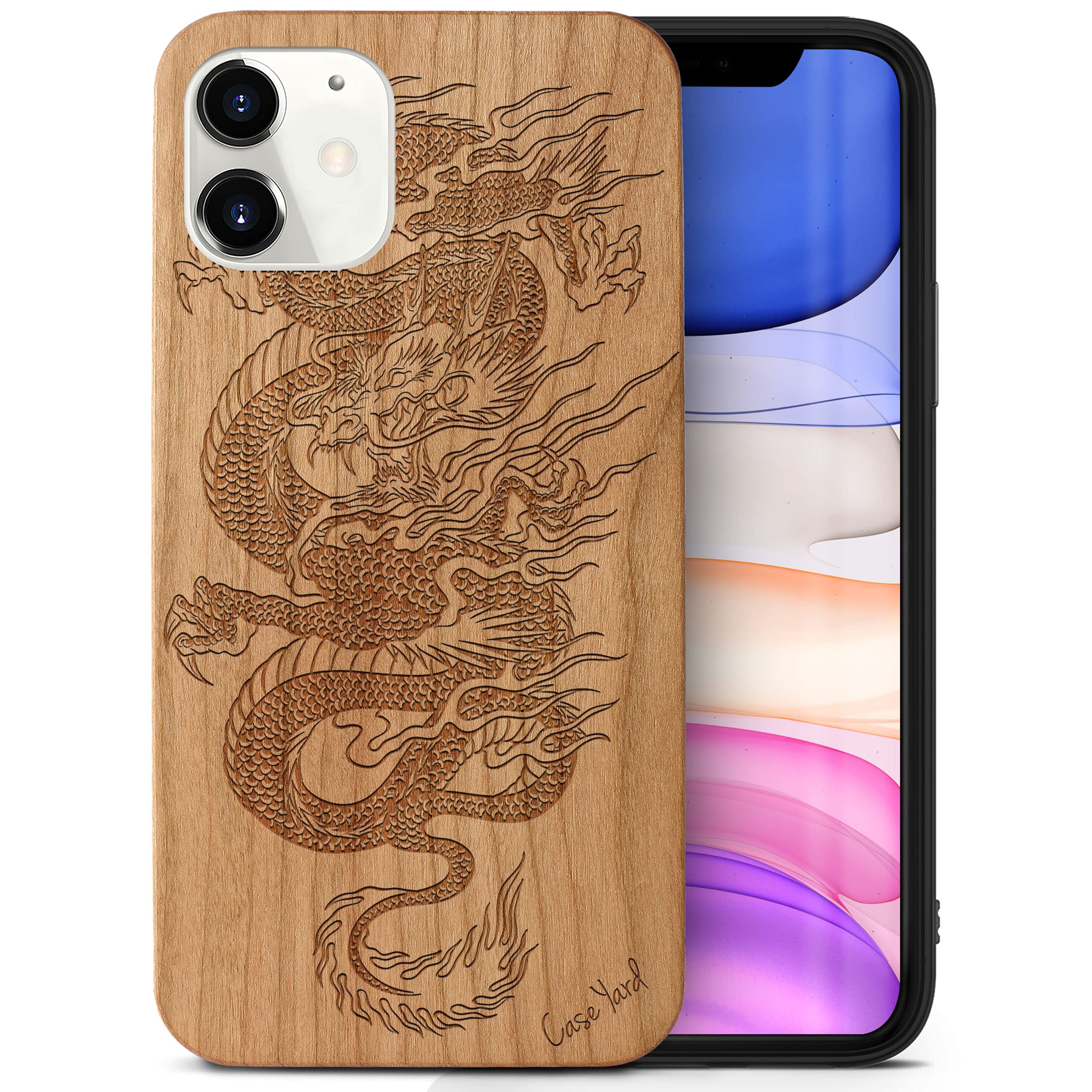 Wooden iPhone 12 Mini Case - Laser Engraved Dragon Design Cherry Wood Cover | Shockproof Slim Fit Protective Phone Case for Men & Women | Perfect for Daily Use, Travel & Gift Giving