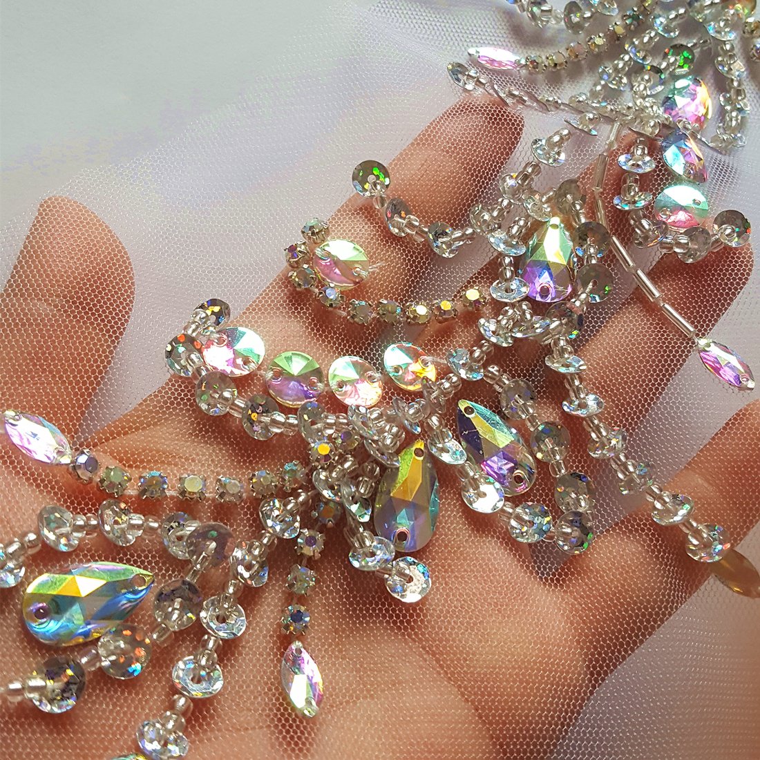 Sparkle Beaded V-Neck AB Crystal Rhinestone Bridal Applique Patch - 12x15 Inch Sew-on Embellishment for Wedding Dresses, Prom Gowns & DIY Craft Projects - Perfect for Neckline Decoration and Costume Design