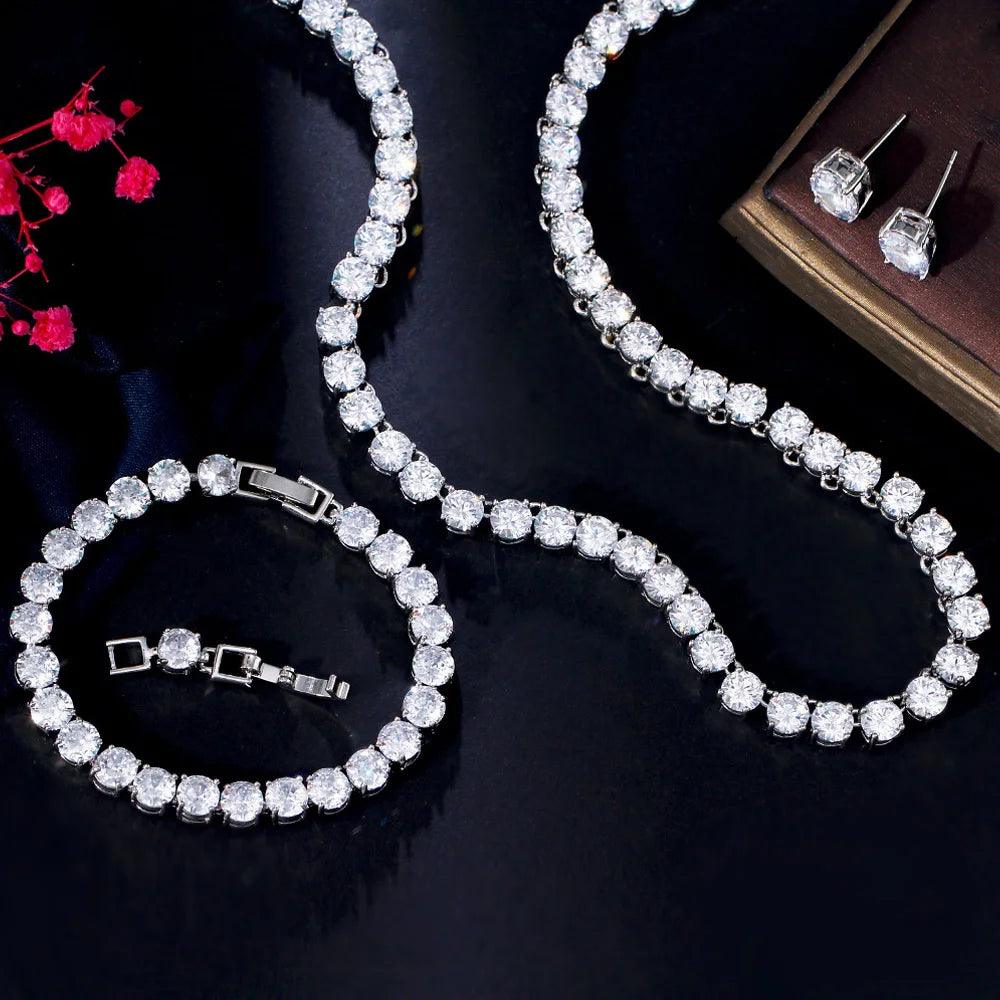 Sparkling White CZ Crystal Bridal Jewelry Set - Choker Necklace, Earrings & Bracelet (3 Pcs) | Perfect for Weddings, Prom, Anniversary & Formal Events