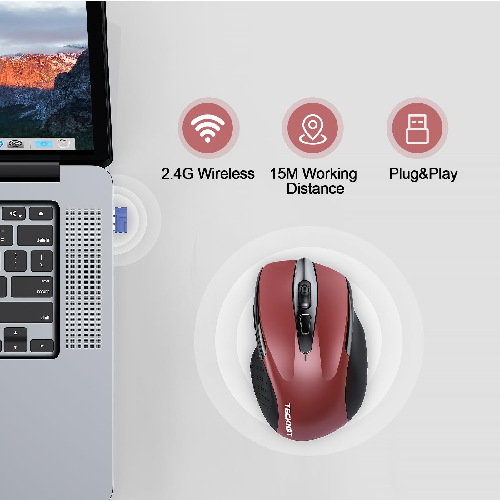 TECKNET Rechargeable Wireless Mouse - 2.4G Silent Mouse with 4800 DPI, 6 Adjustable DPI Levels, Ergonomic Design for Laptop & Chromebook - Red | Perfect for Office, Home & Travel Use