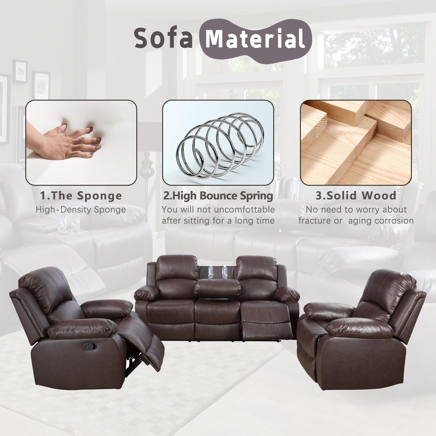 Premium Bonded Leather Reclining Sofa Set - 3-Piece Living Room Furniture (Loveseat & Recliners, Brown) | Comfortable Home Theater Seating & Family Lounge Furniture