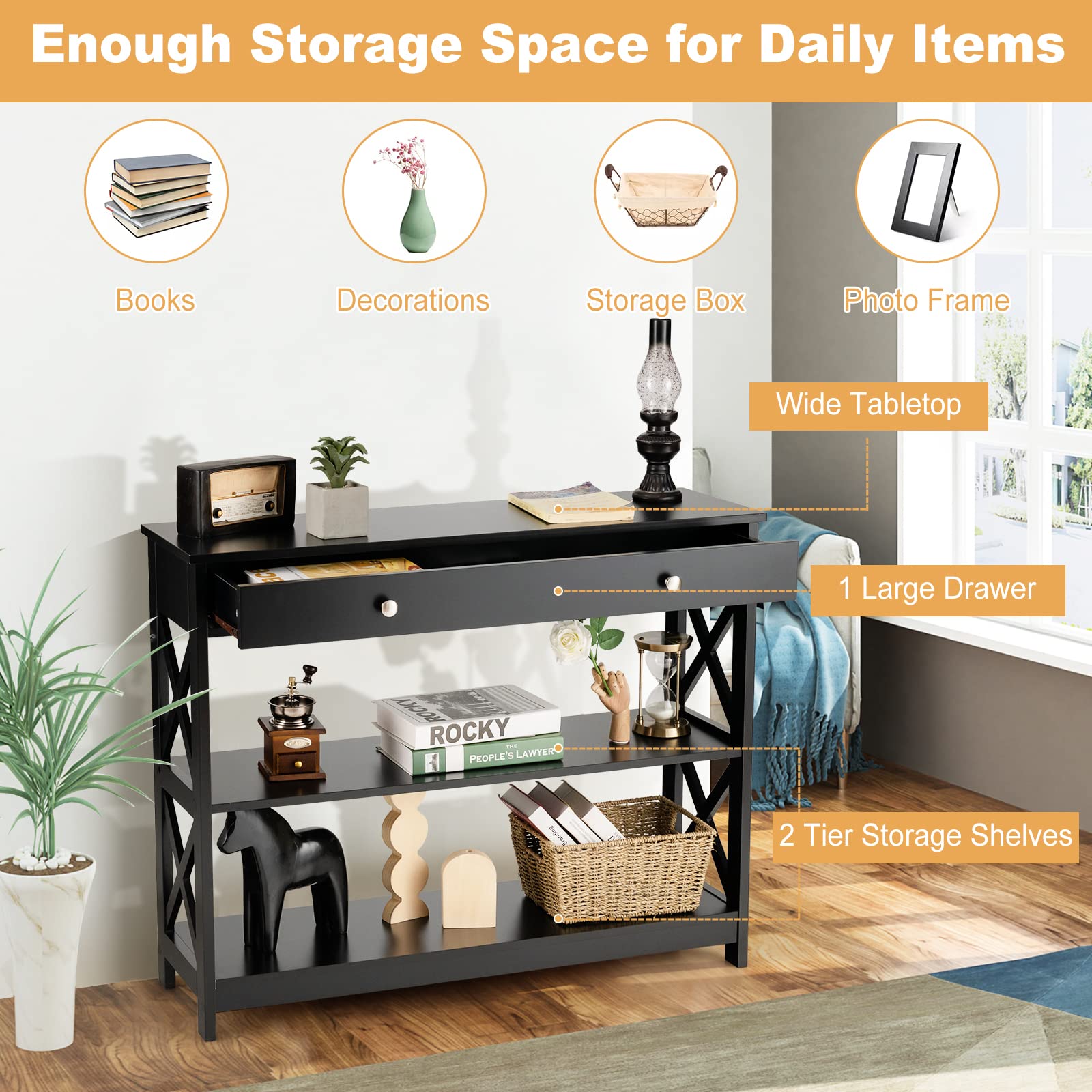 Giantex 3-Tier Console Table with Drawer & Storage Shelves - X-Design Entryway Table for Hallway, Living Room & Bedroom - Sturdy Sofa Side Table (Black) | Perfect for Small Spaces, Apartment Decor & Home Organization