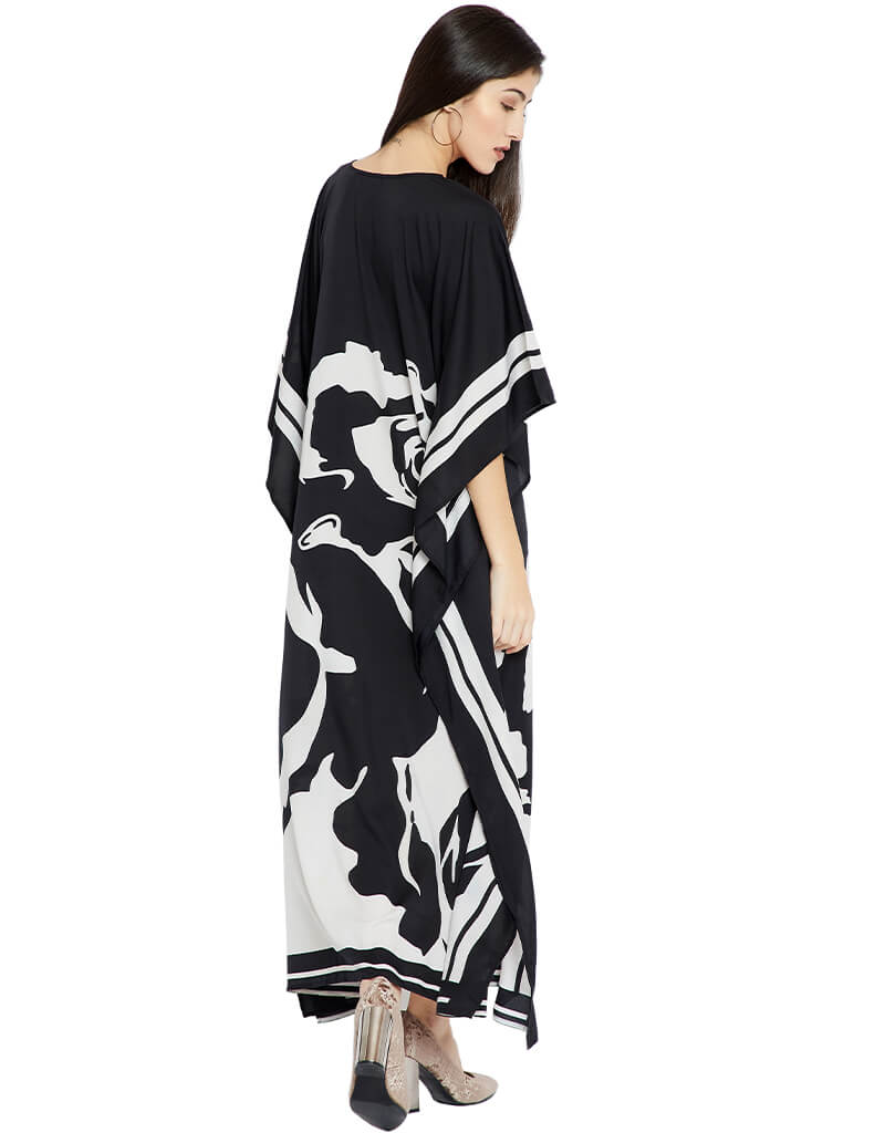 Luxury Black and White Silk Crepe Kaftan Dress - Elegant Flowy Beach Cover Up for Women - Perfect for Vacation, Poolside, and Summer Evenings