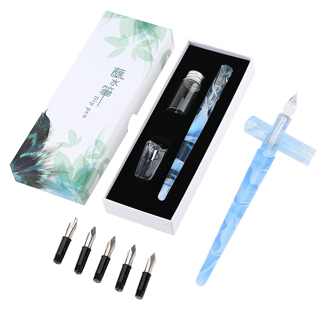 Multifunctional Dual-Purpose Glass Dip Pen & Fountain Pen Set - 5 Interchangeable Nibs for Calligraphy, Writing & Painting - Premium Resin Acrylic Signature Pen (Blue) - Perfect for Artists, Writers & Office Professionals