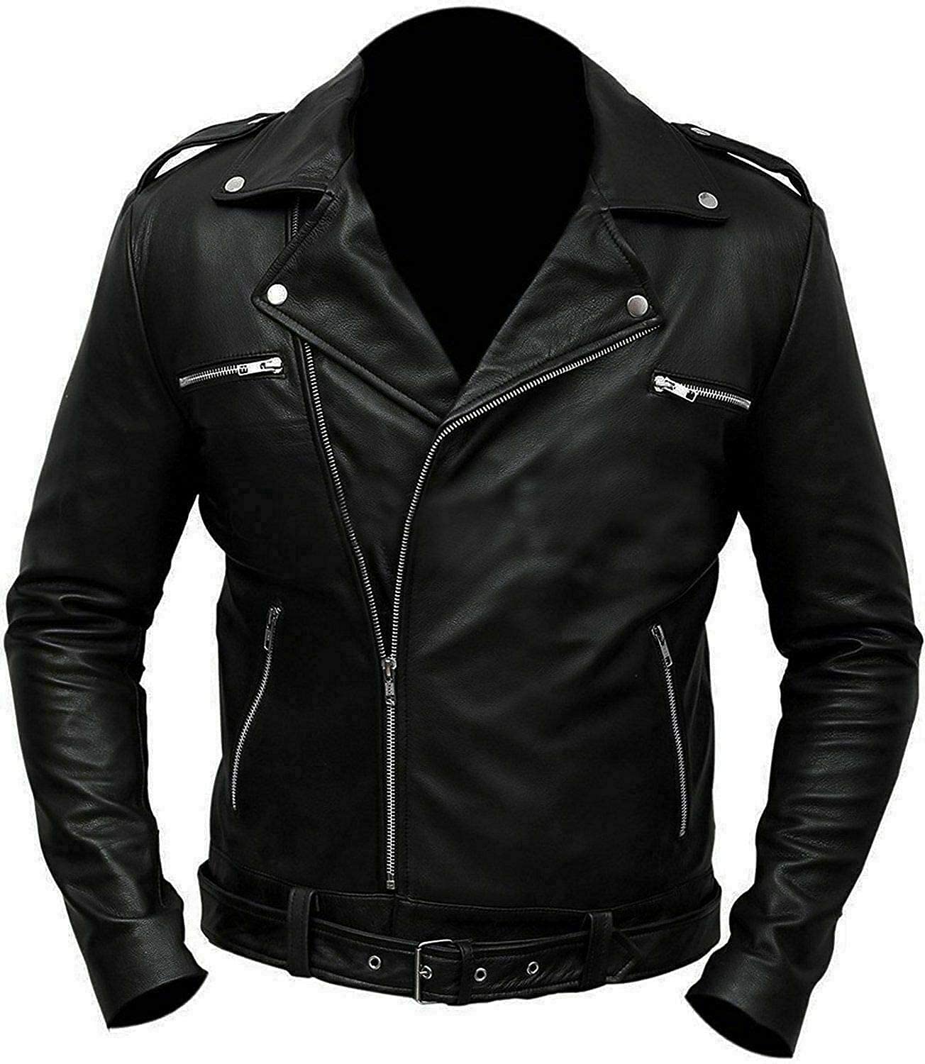 NM-Fashions Men's Biker Brando Black Belted Motorcycle Jacket - Genuine Leather with Padding for Safety - Perfect for Riding, Casual Wear & Outdoor Adventures