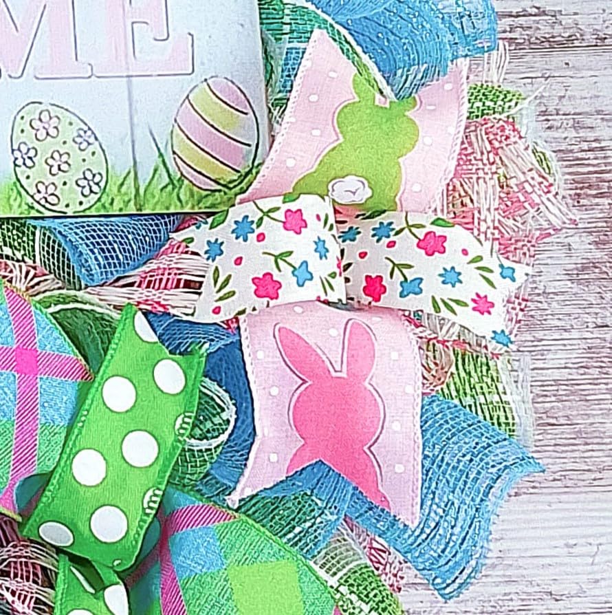 Easter Bunny Wreath - Spring Welcome Door Wreath in Pink, Turquoise, Lime Green & White | Easter Home Decor | Front Door Wreath for Spring & Easter Celebrations